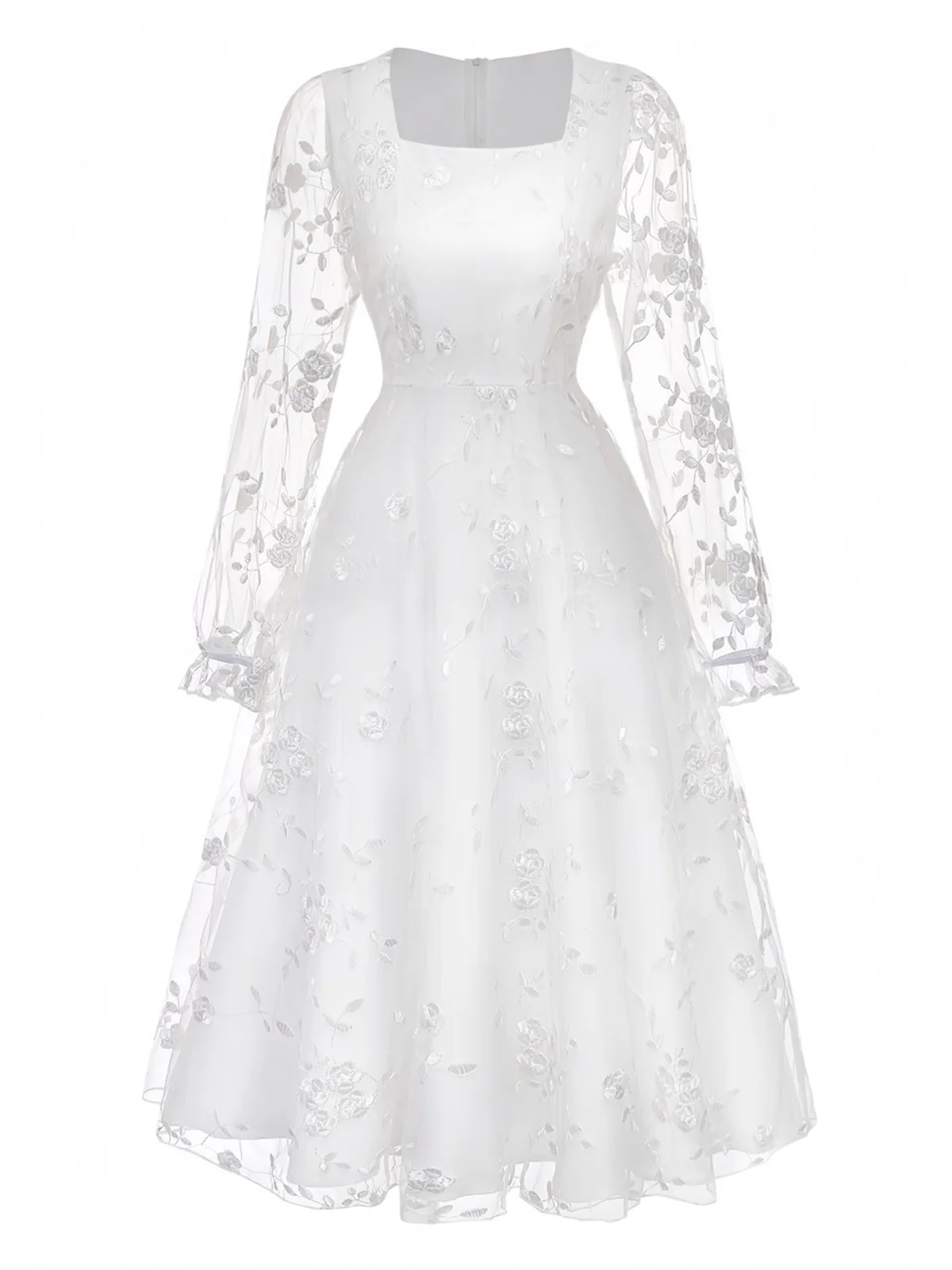 White 1950s Floral Embroidered Lace Square Neck Dress - Image 2