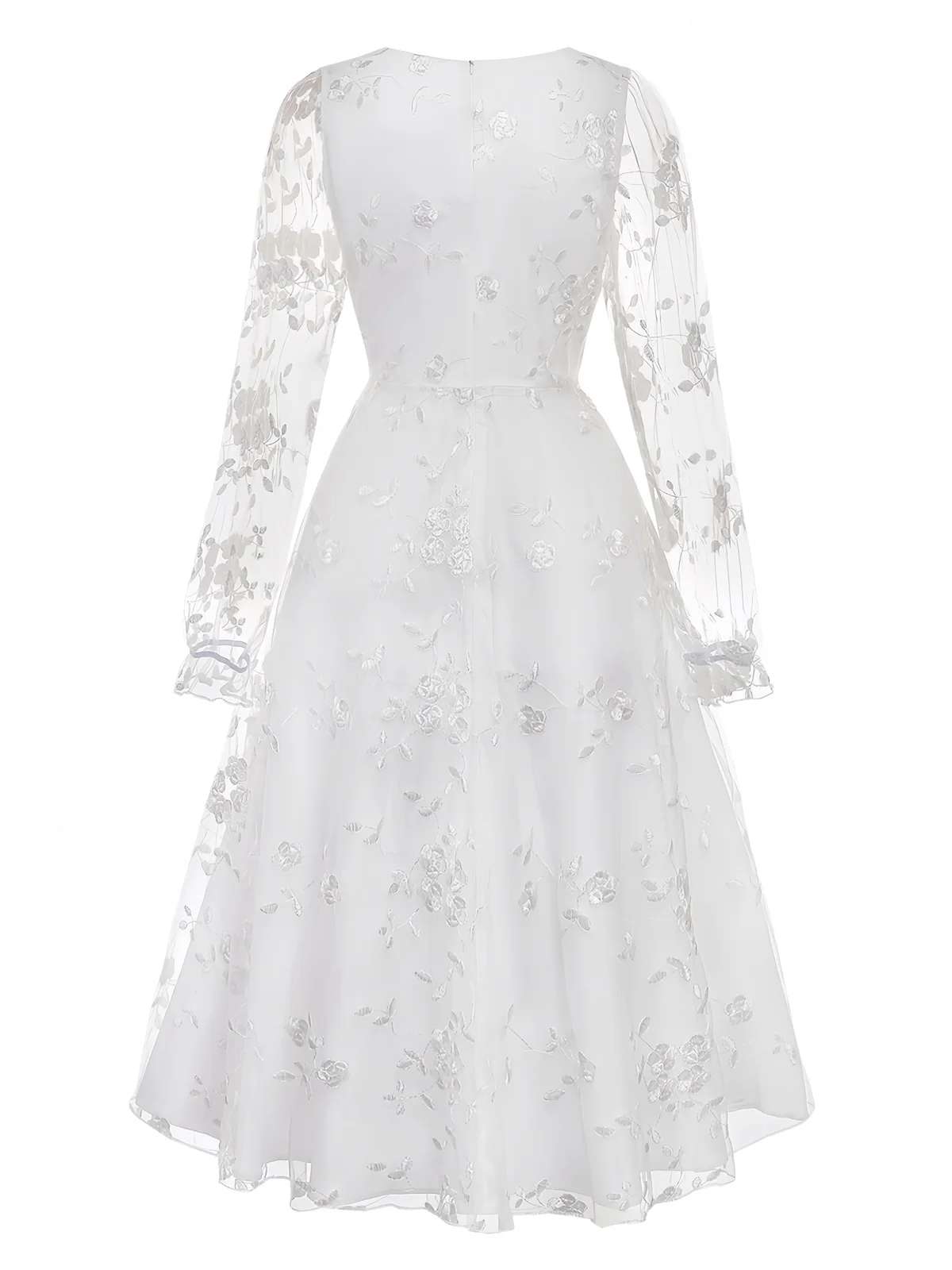 White 1950s Floral Embroidered Lace Square Neck Dress - Image 3