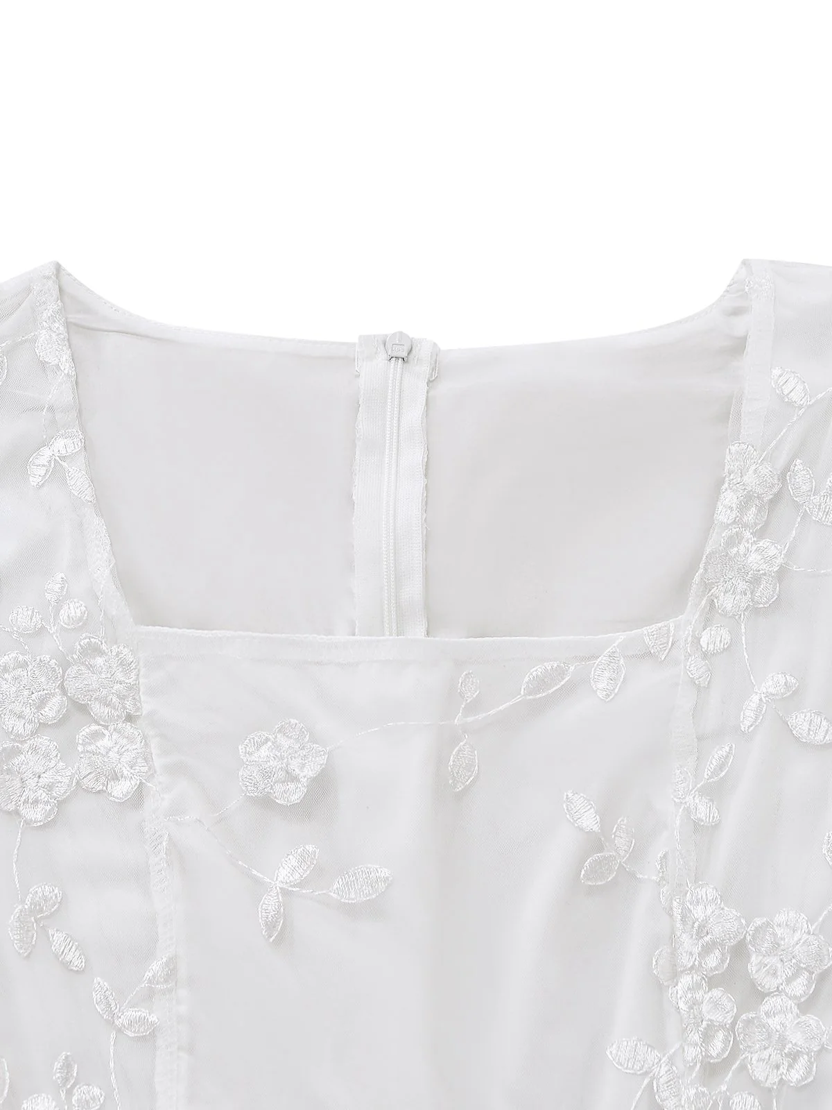 White 1950s Floral Embroidered Lace Square Neck Dress - Image 7