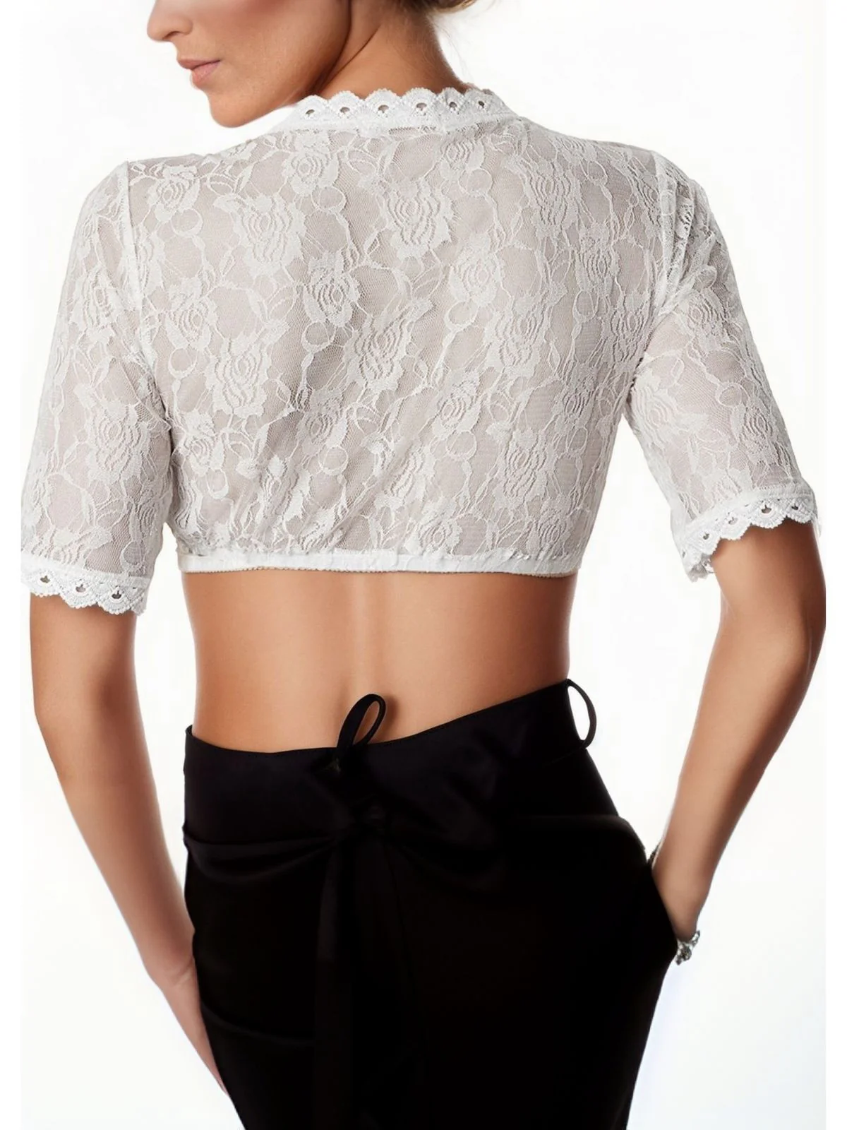 White 1950s Floral Lace V-Neck Crop Top - Image 3