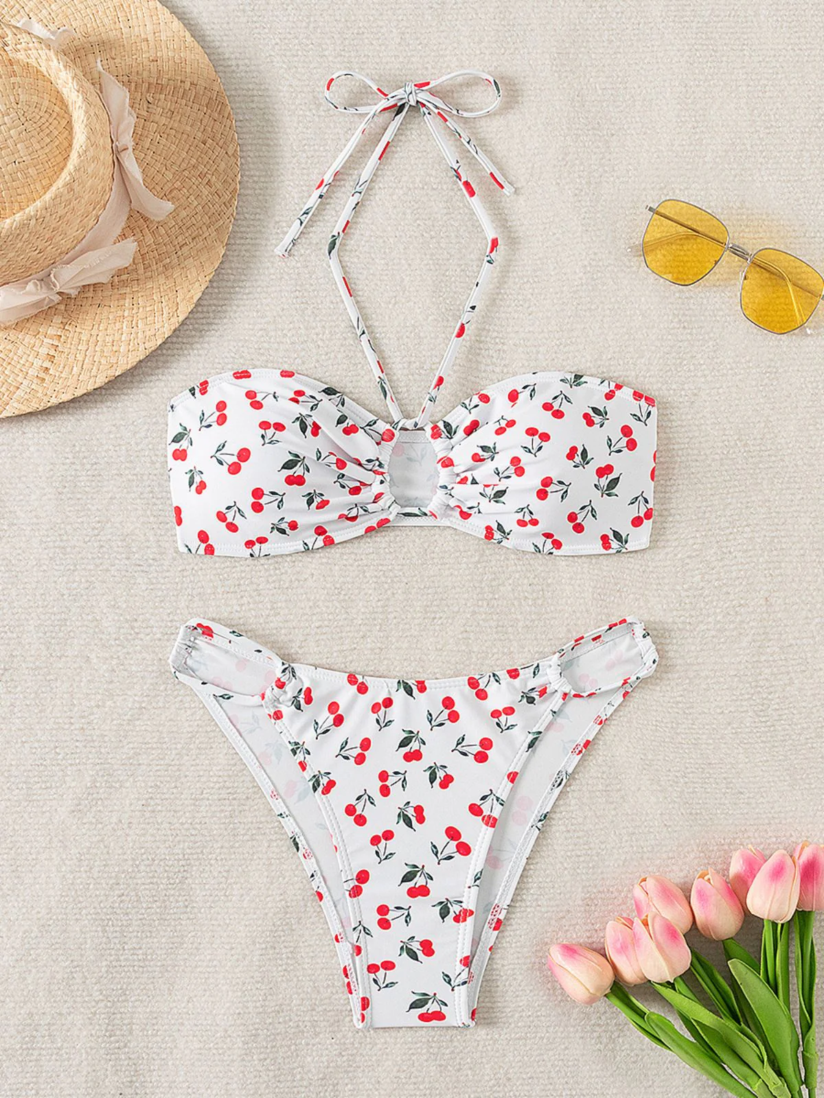 White 1950s Halter Cherry Bikini Set - Image 3