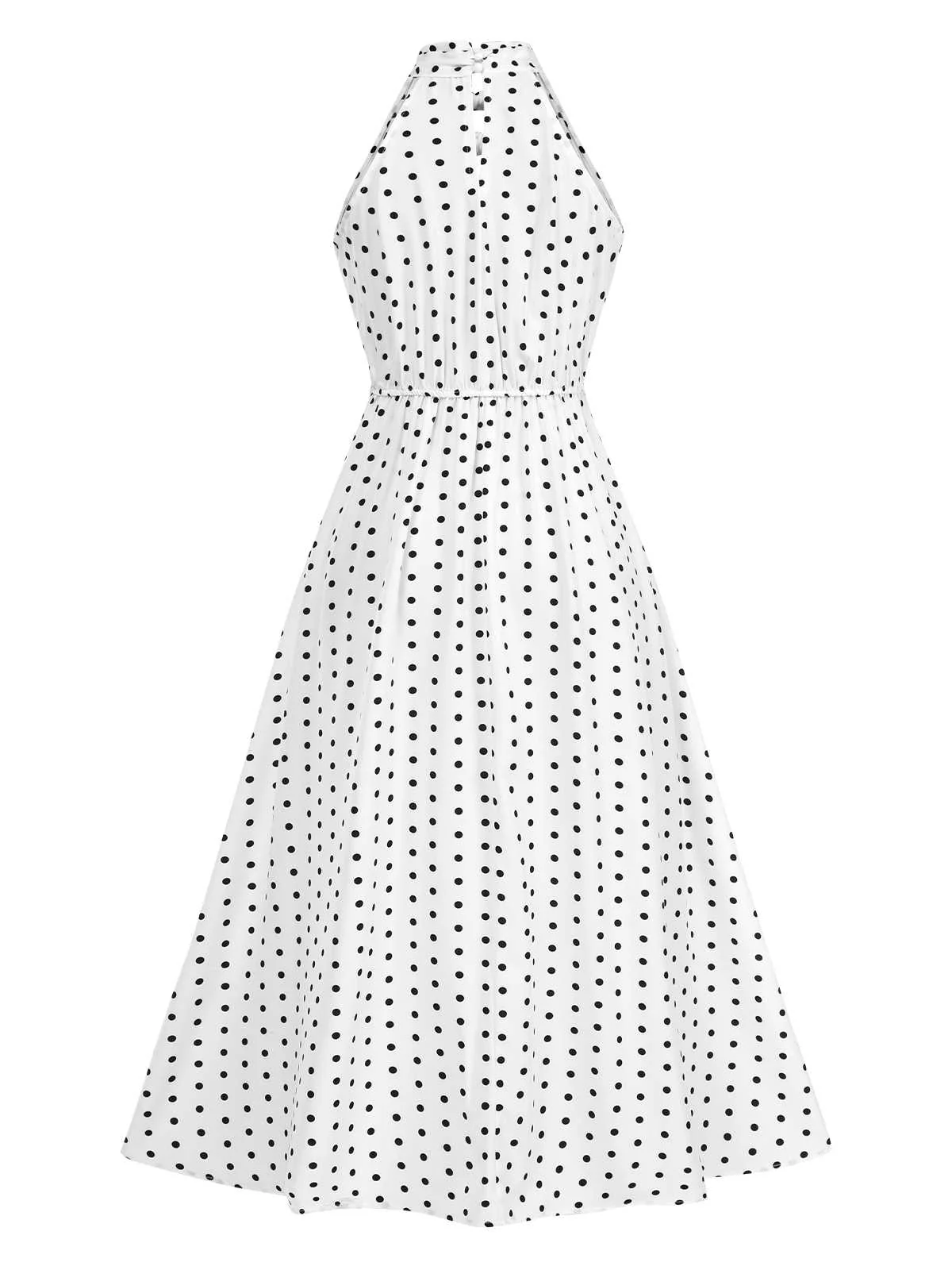 White 1950s Halter Polka Dots Bow Dress - Image 2