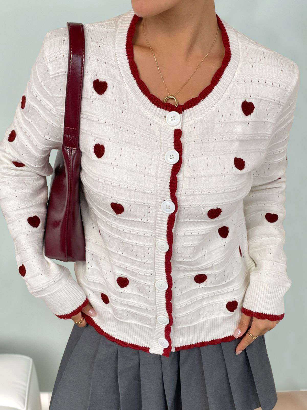 White 1950s Heart Contrast Knitted Cardigan - Image 2