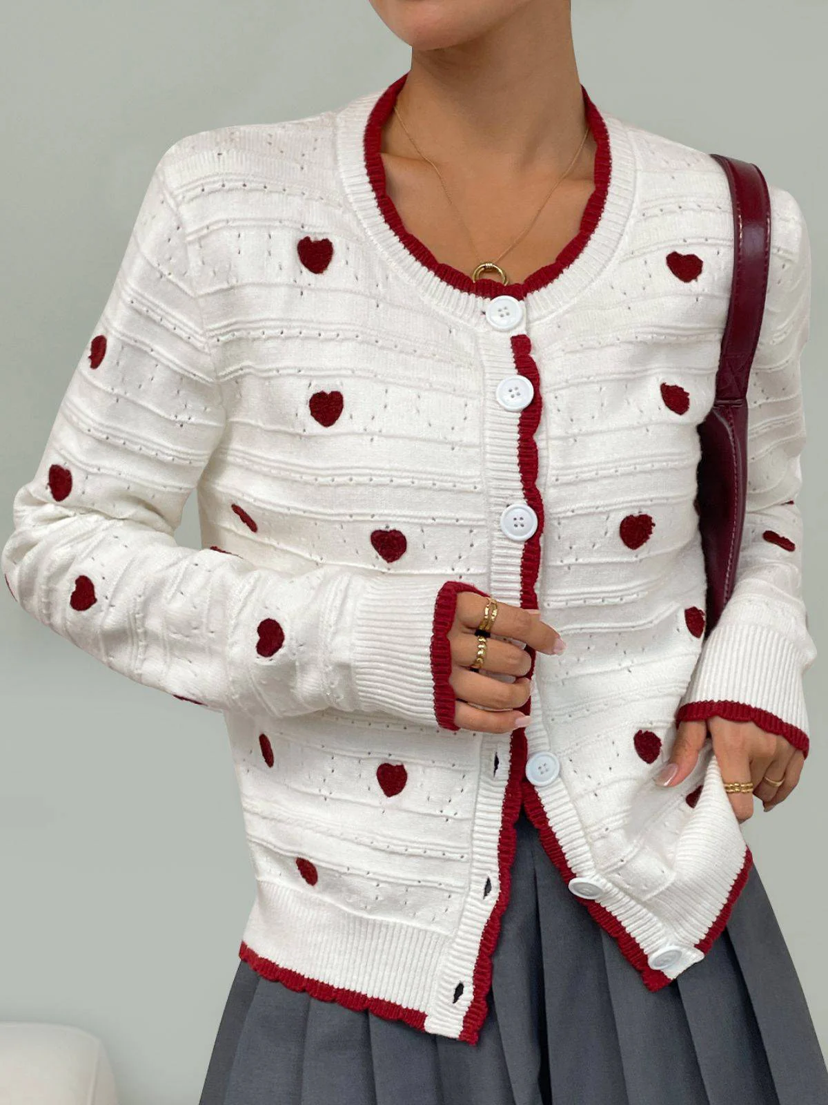 White 1950s Heart Contrast Knitted Cardigan - Image 3