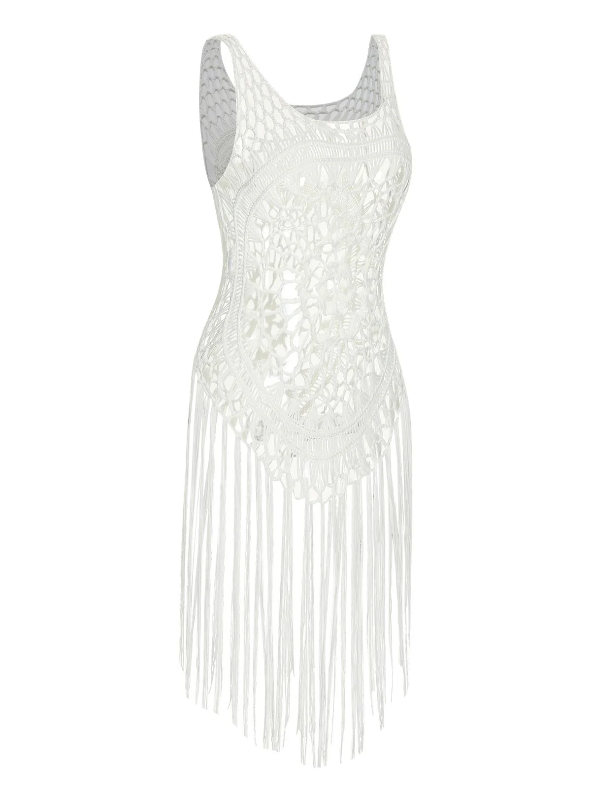 White 1950s Knitted Tassel Hollow Cover-Up - Image 2