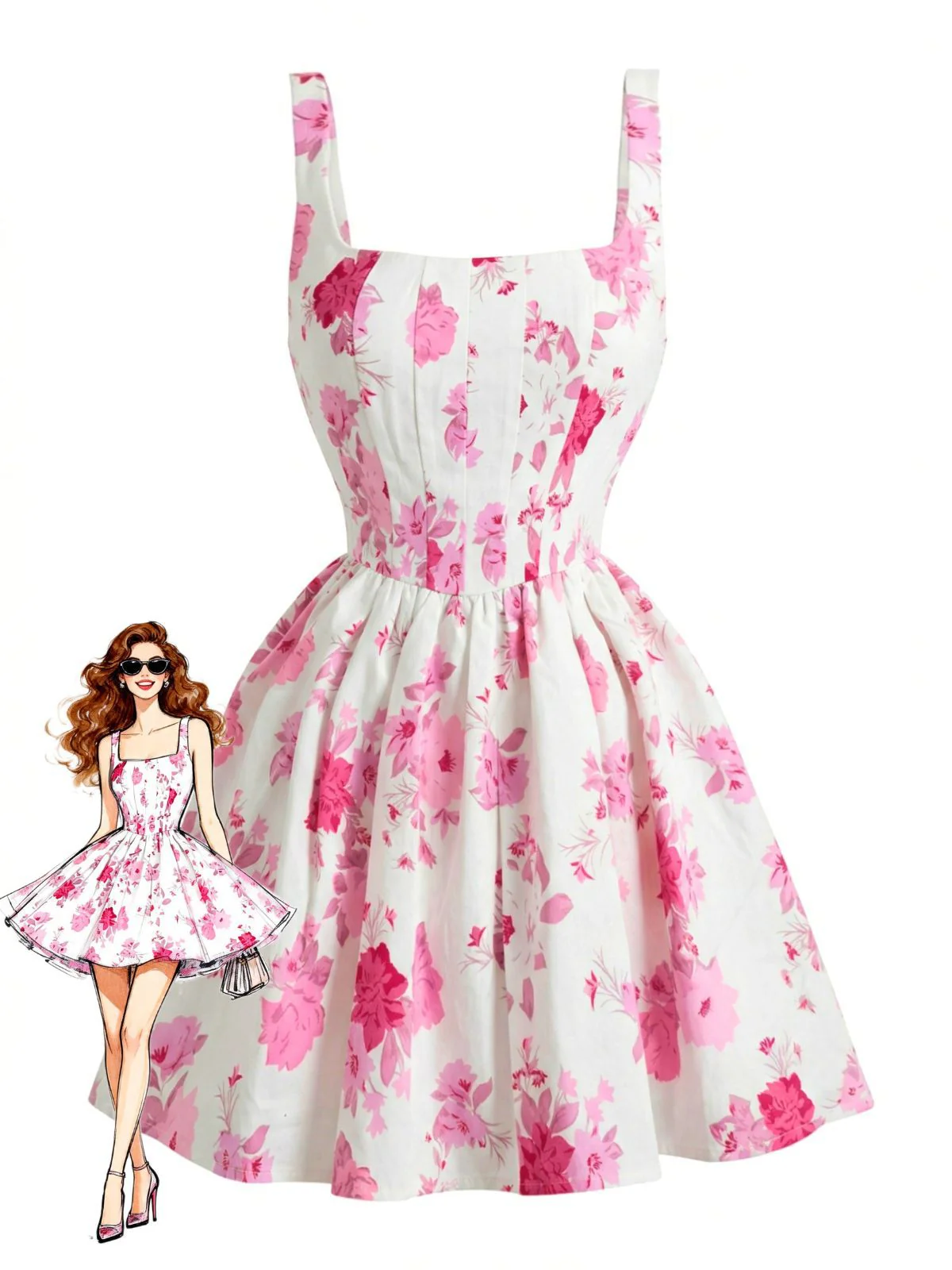 White 1950s Pink Floral Square-Neck Sleeveless Mini Dress - Image 2