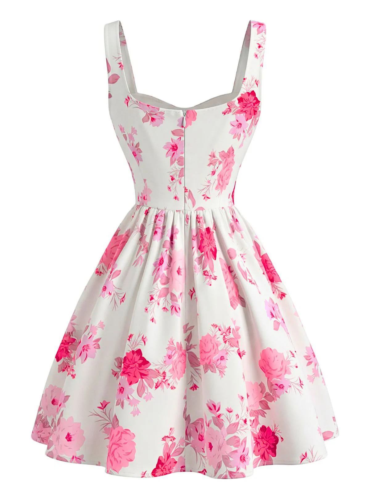 White 1950s Pink Floral Square-Neck Sleeveless Mini Dress - Image 3