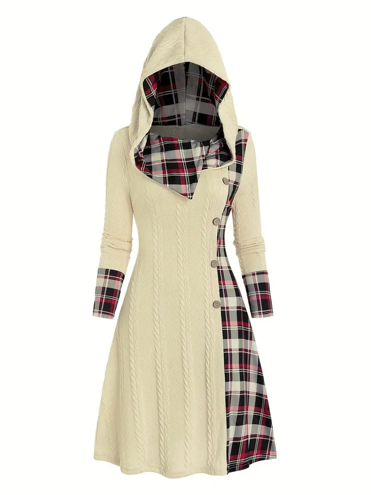 White 1950s Plaid Knit Hooded Dress - Image 2