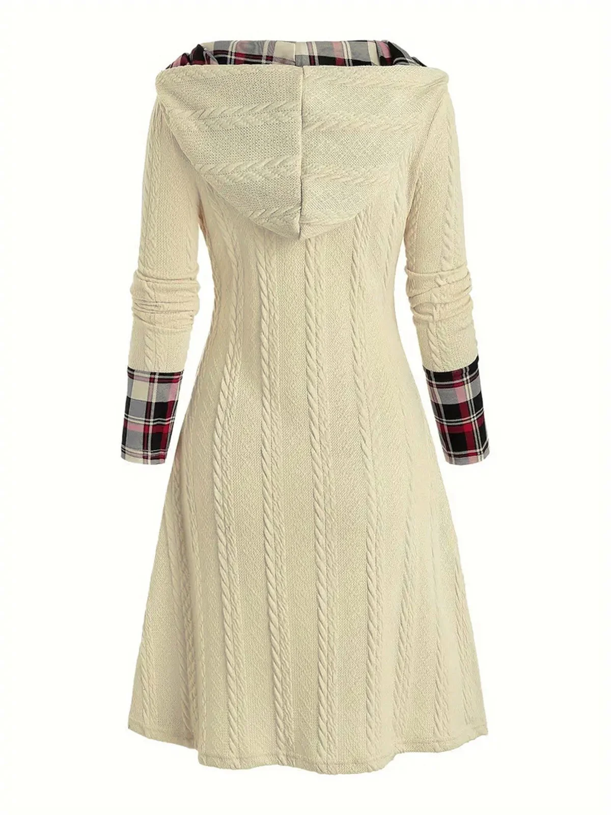 White 1950s Plaid Knit Hooded Dress - Image 3