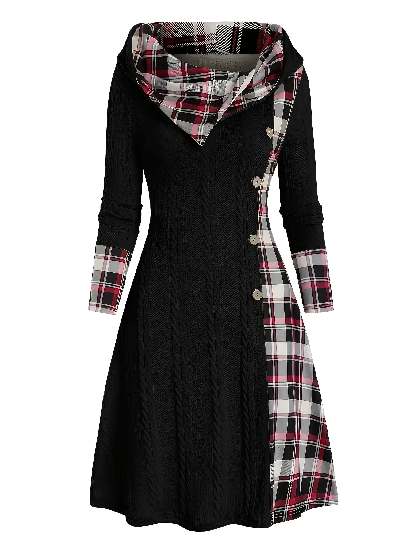 White 1950s Plaid Knit Hooded Dress - Image 5