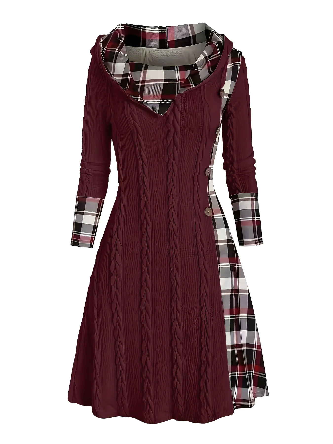 White 1950s Plaid Knit Hooded Dress - Image 7