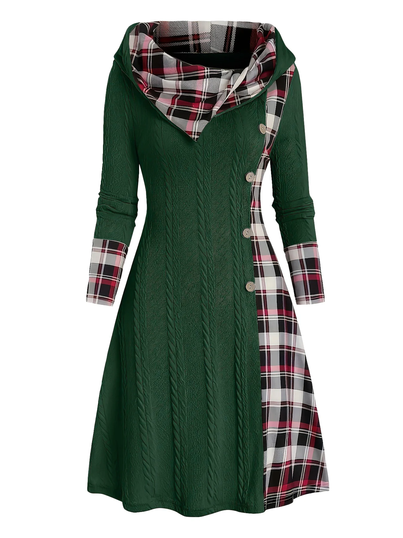White 1950s Plaid Knit Hooded Dress - Image 9