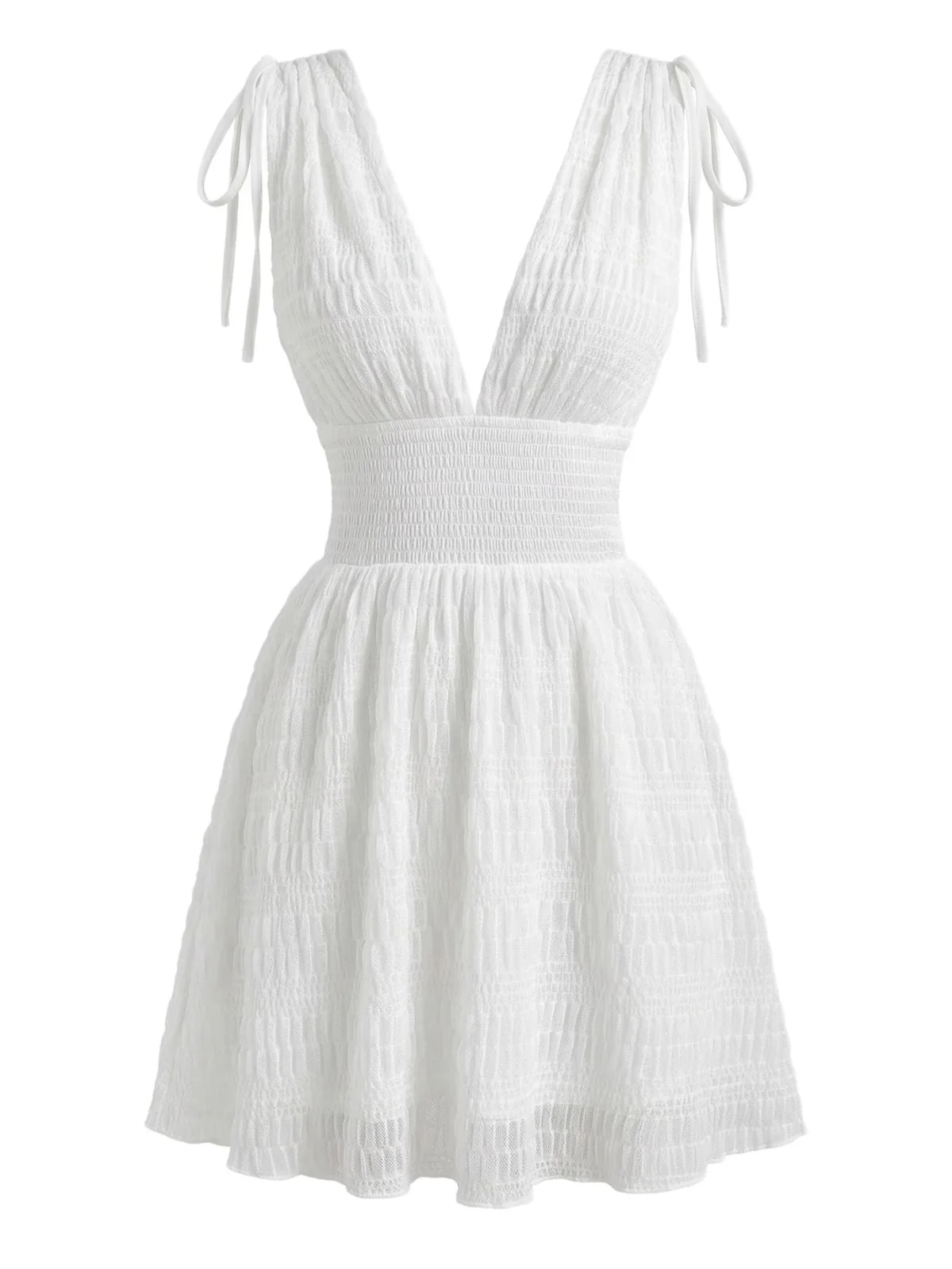 White 1950s Plunging Smocked Waist Textured Sleeveless Dress - Image 3