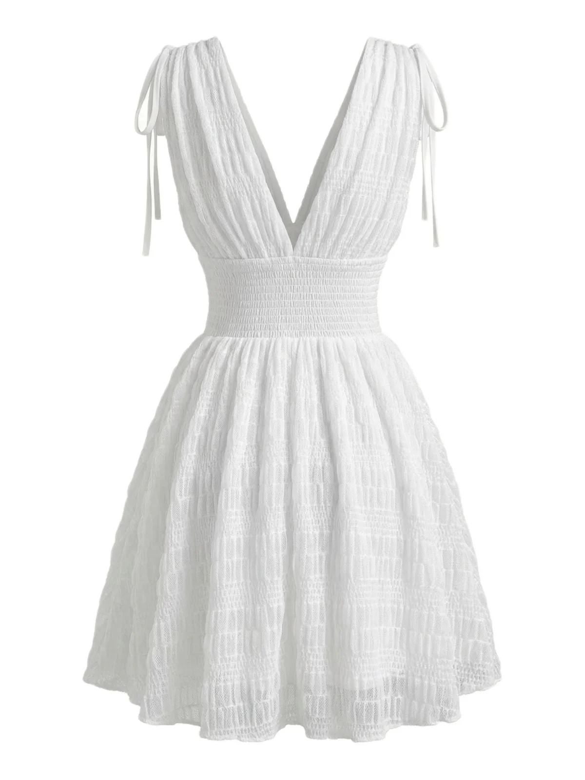 White 1950s Plunging Smocked Waist Textured Sleeveless Dress - Image 4