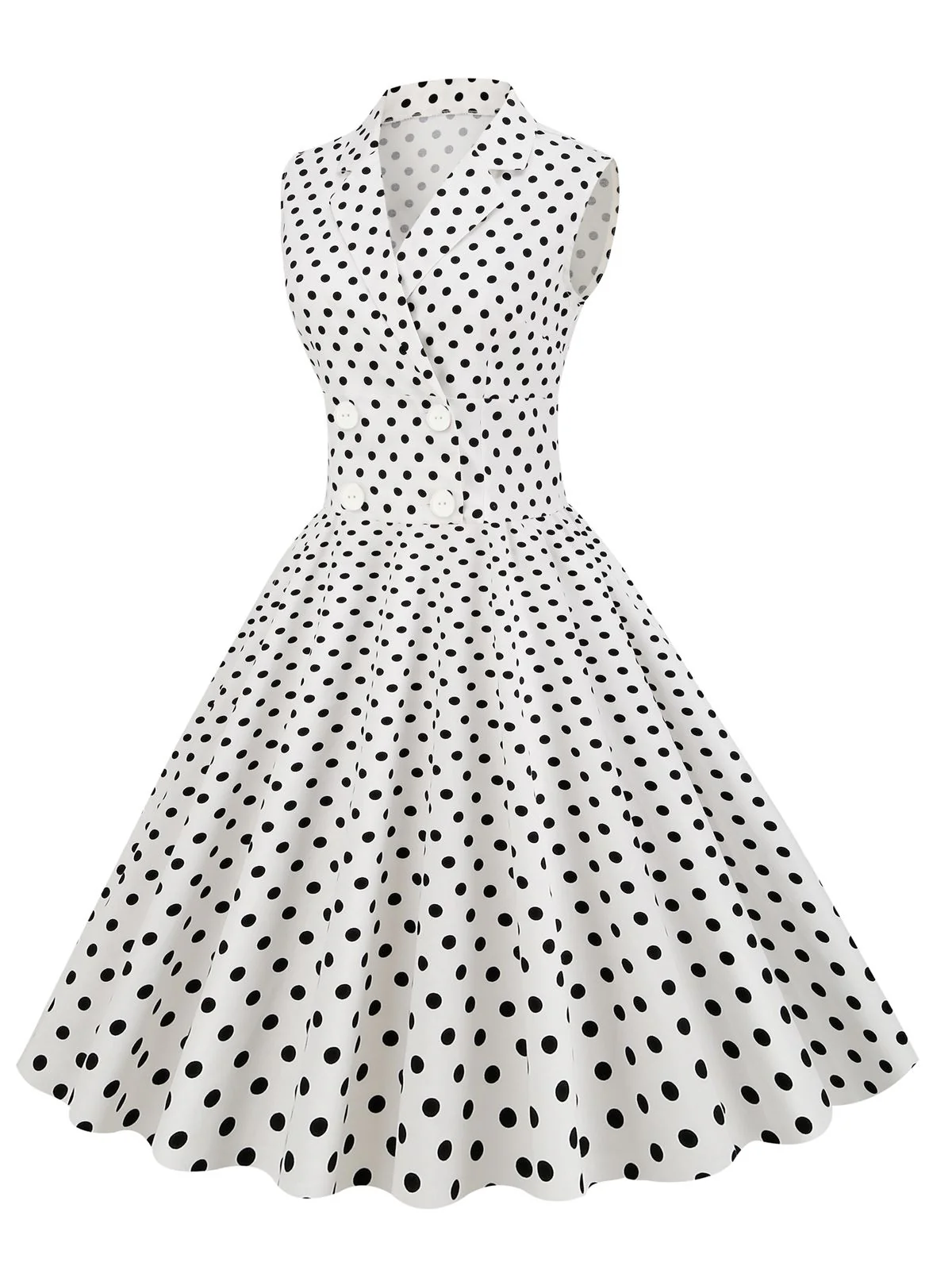White 1950s Polka Dot Lapel Swing Dress - Image 2
