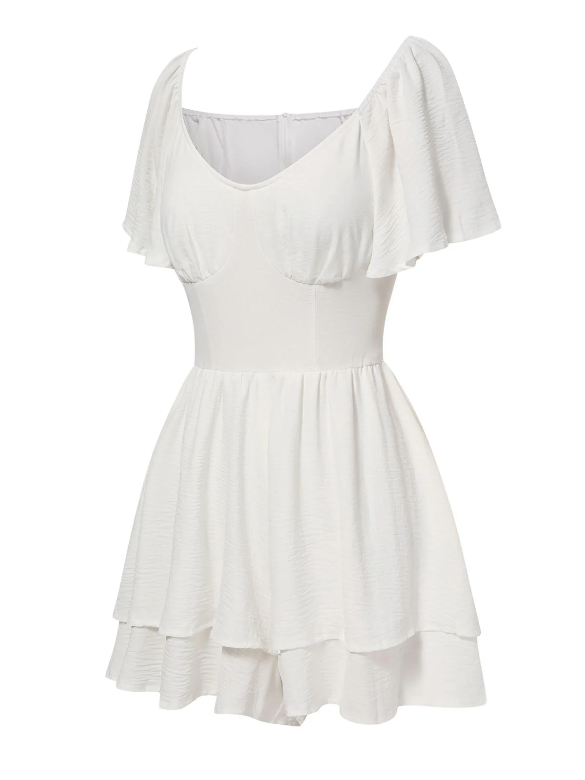 White 1950s Puff Sleeve Layered Hem Romper - Image 3