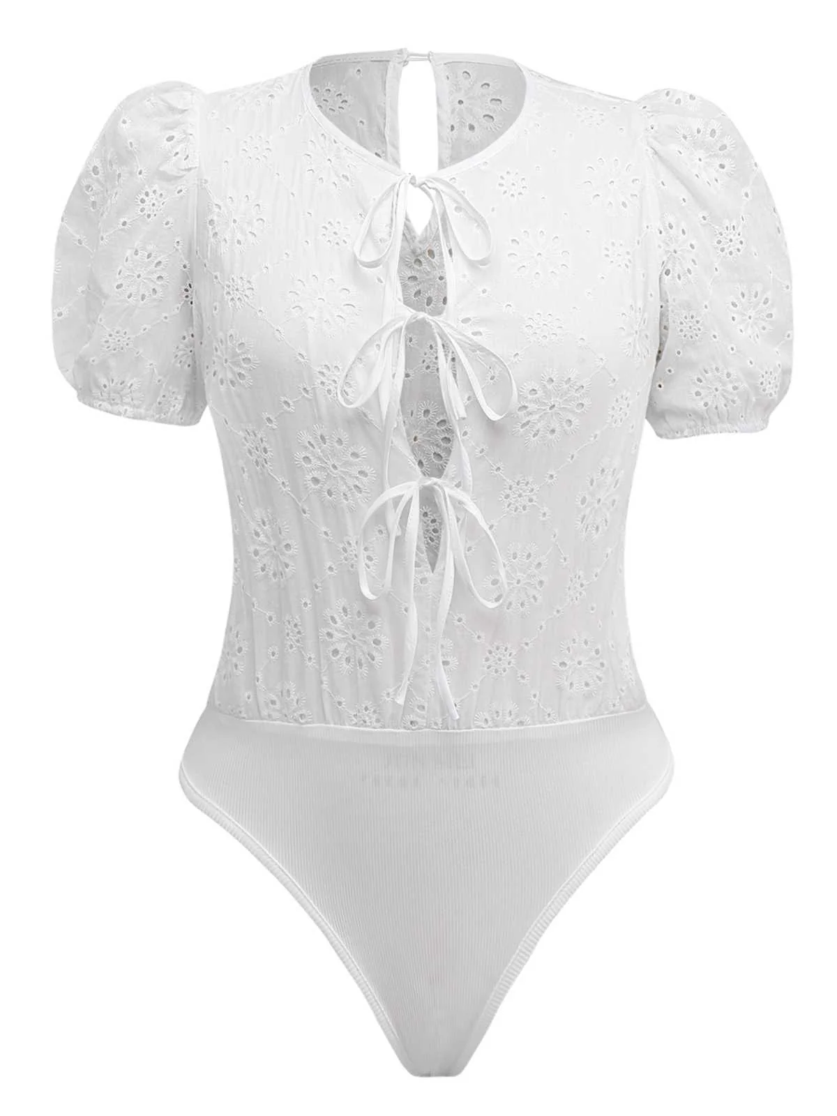 White 1950s Pure Cotton Eyelet Puff Sleeve Top - Image 2