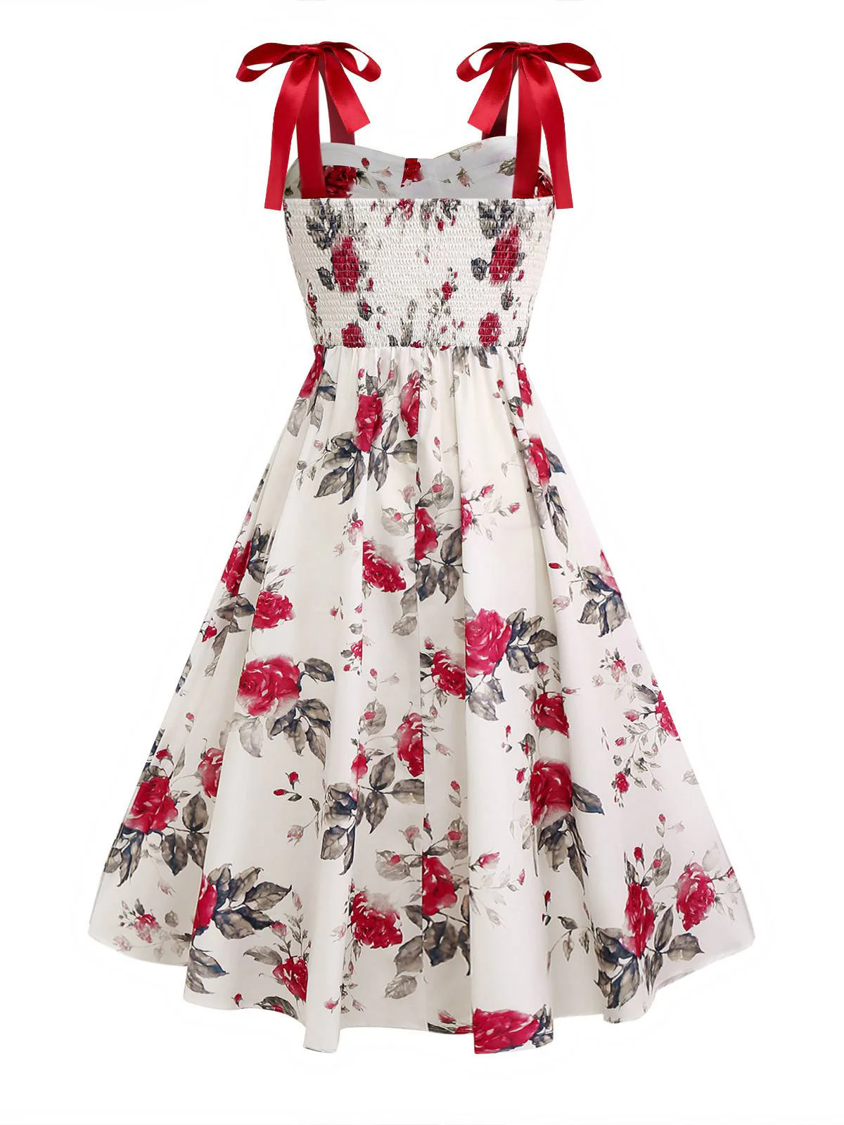 White 1950s Rose Print Lace-Up A-Line Dress - Image 2