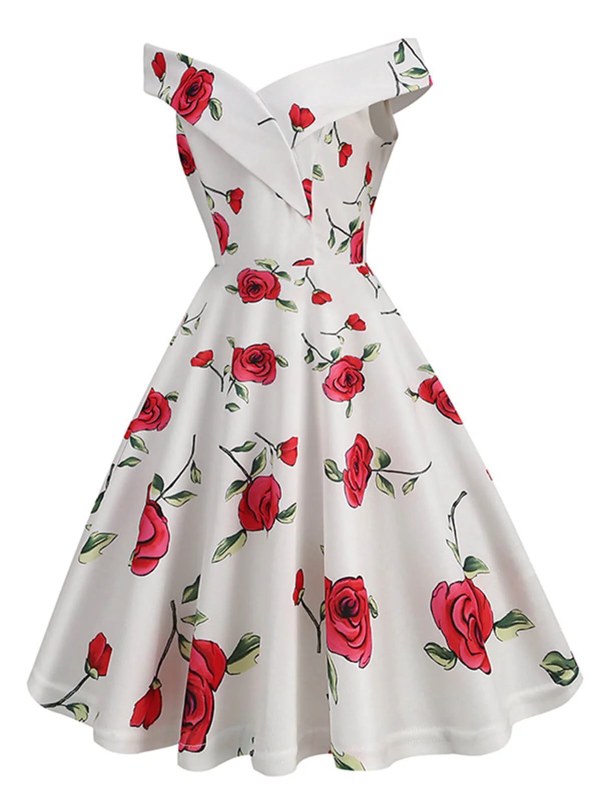 White 1950s Roses Off-Shoulder Dress - Image 2
