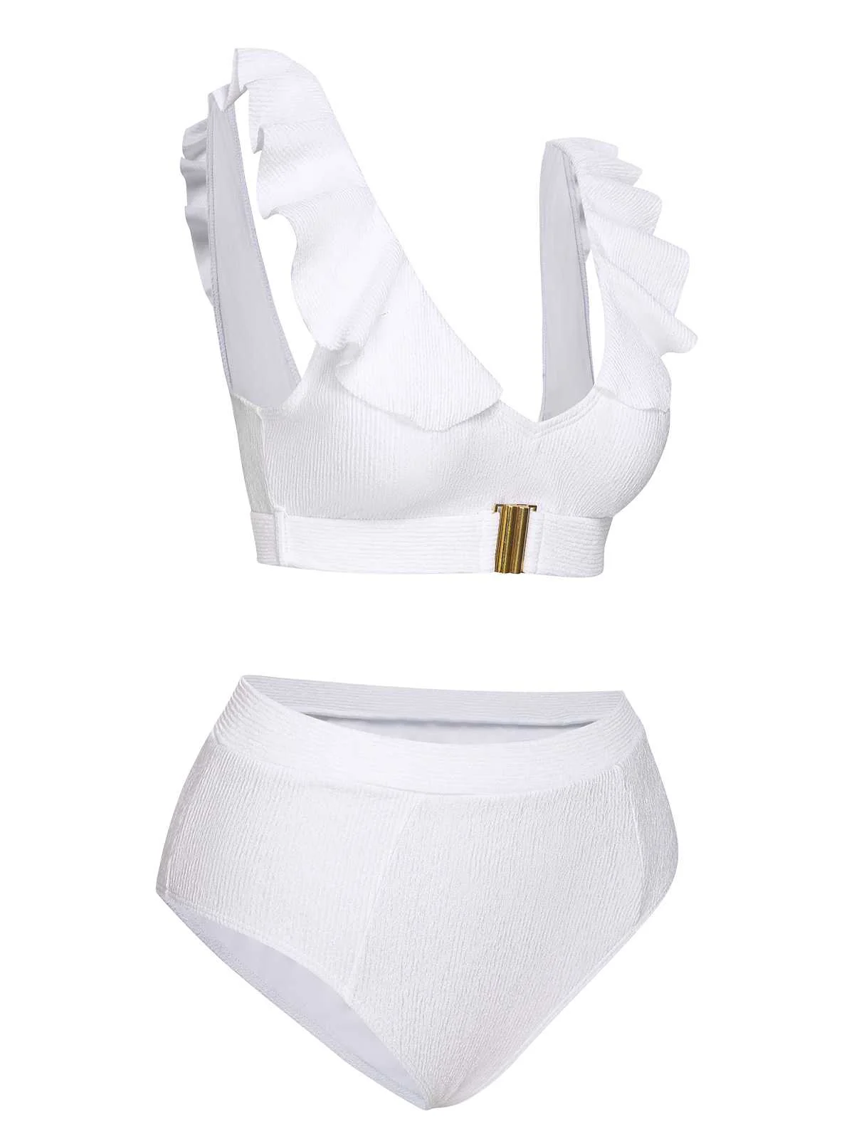 White 1950s Ruffles Solid Swimsuit - Image 2