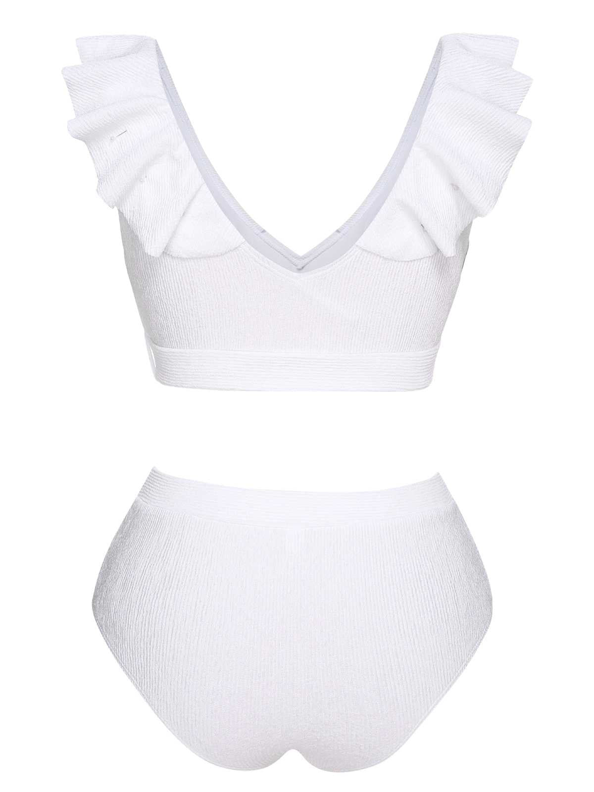 White 1950s Ruffles Solid Swimsuit - Image 3