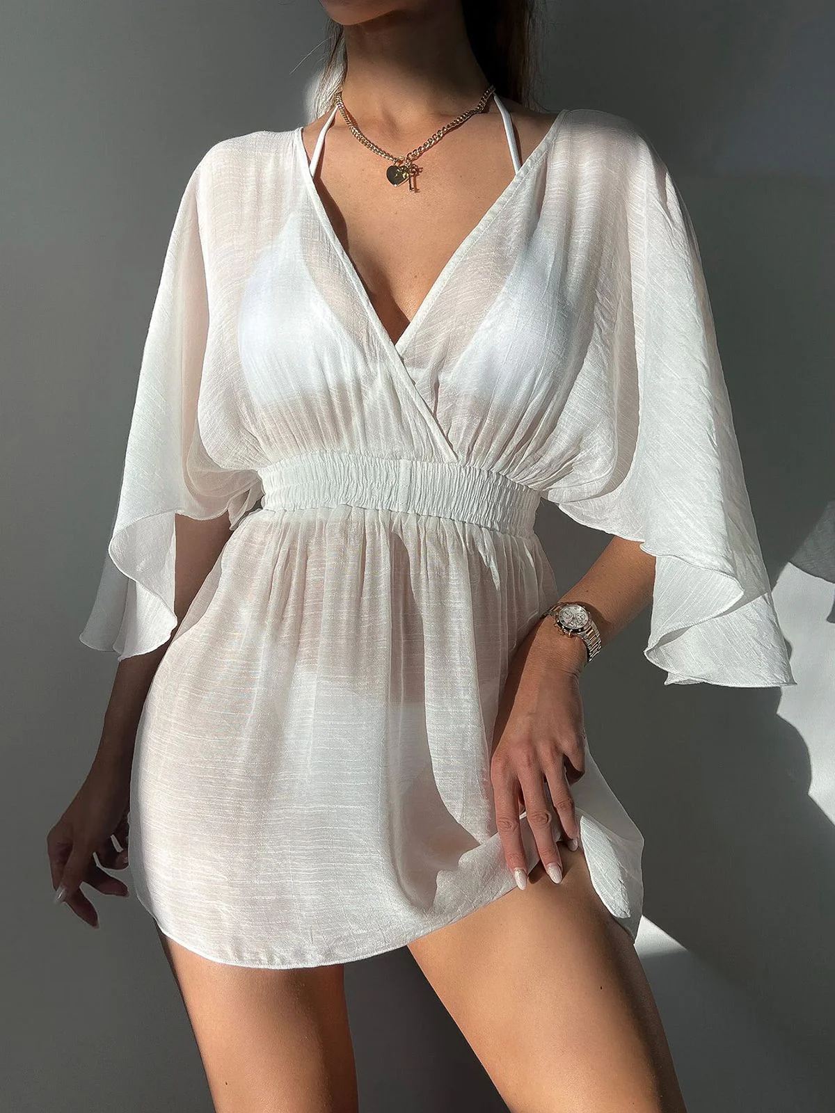 White 1950s Solid Cap Sleeve Beach Cover Up - Image 2