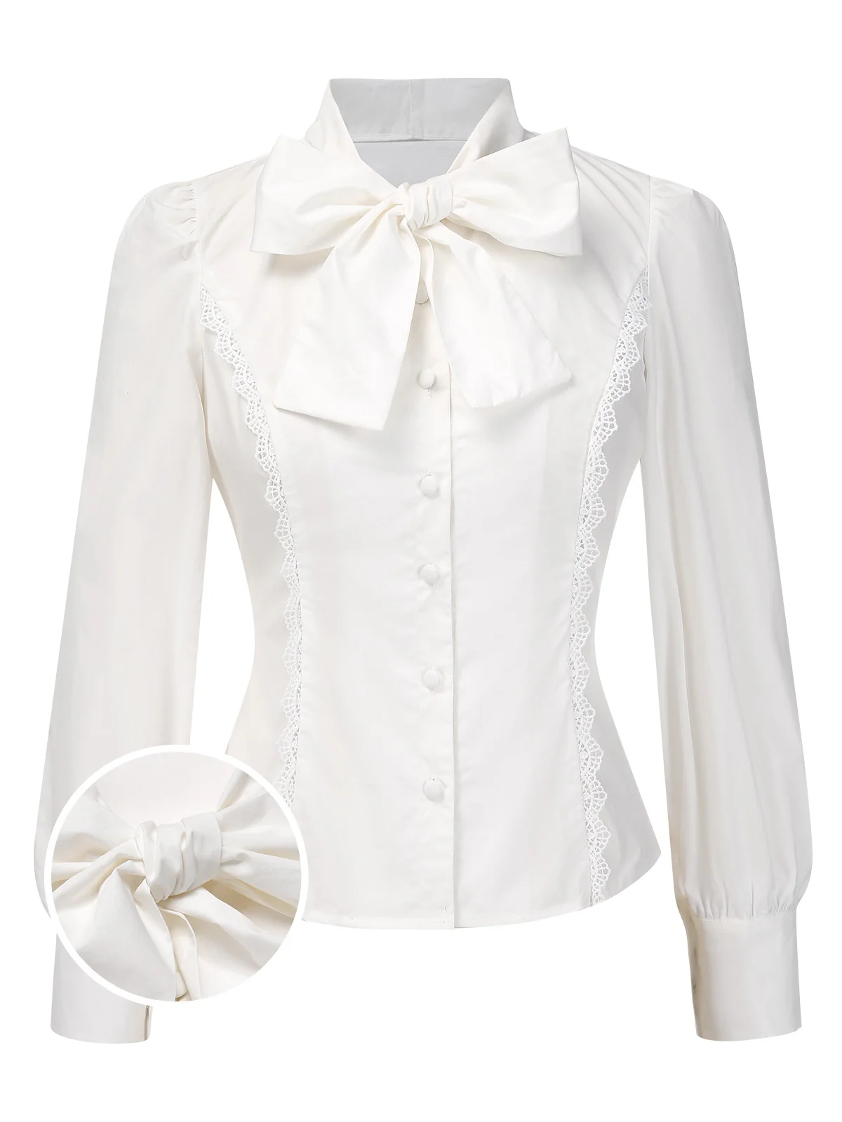 White 1950s Solid Cotton Tie-Neck Bow Blouse - Image 2