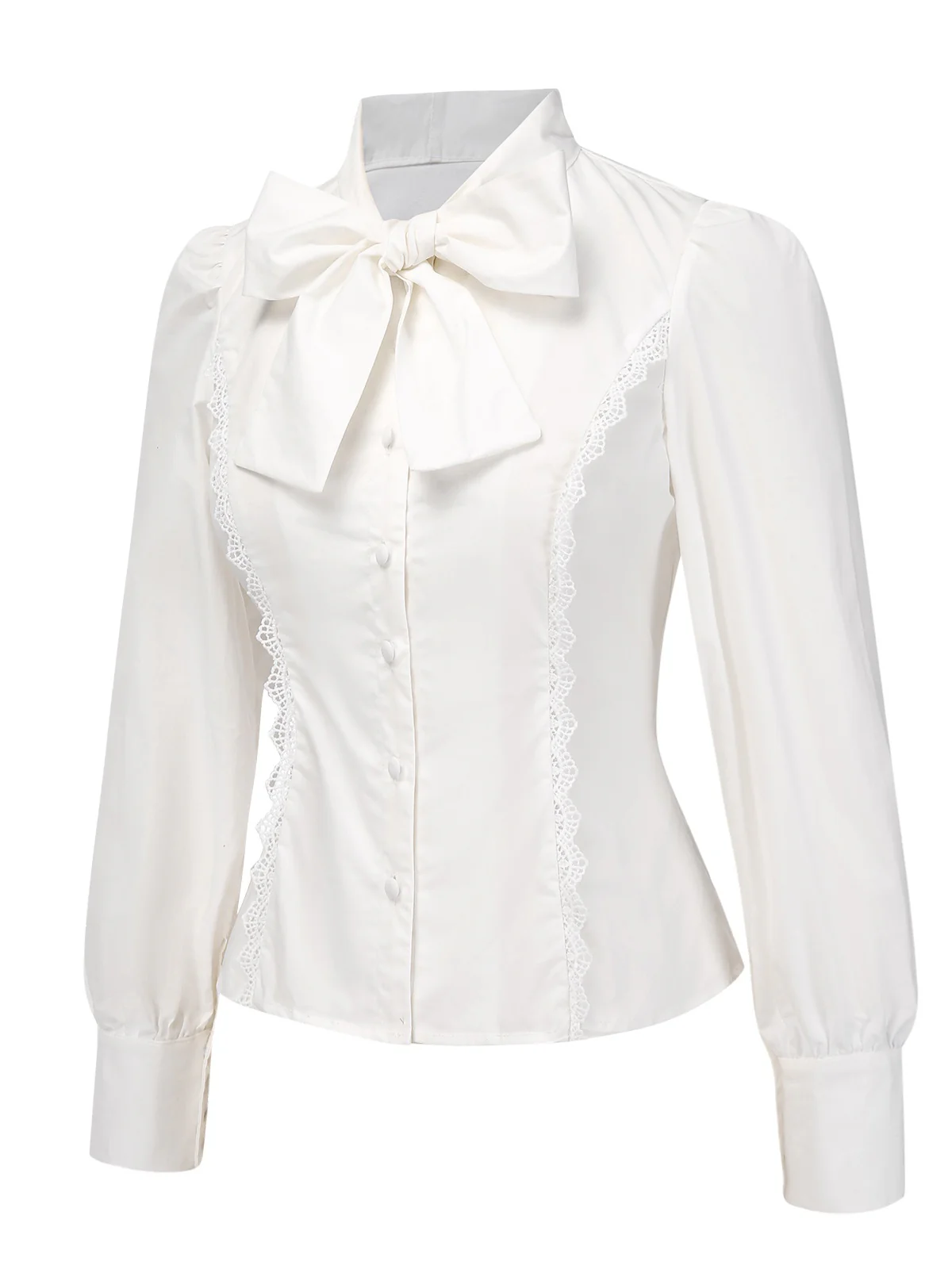 White 1950s Solid Cotton Tie-Neck Bow Blouse - Image 3