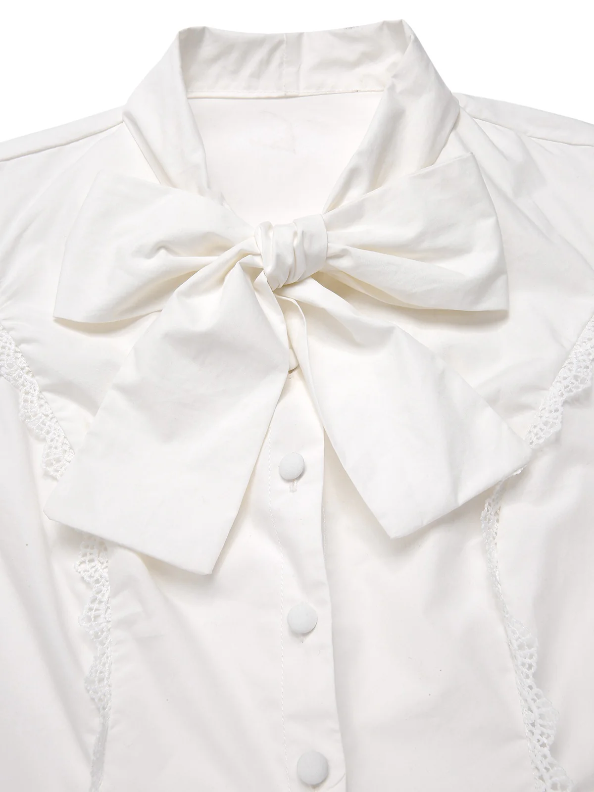 White 1950s Solid Cotton Tie-Neck Bow Blouse - Image 5