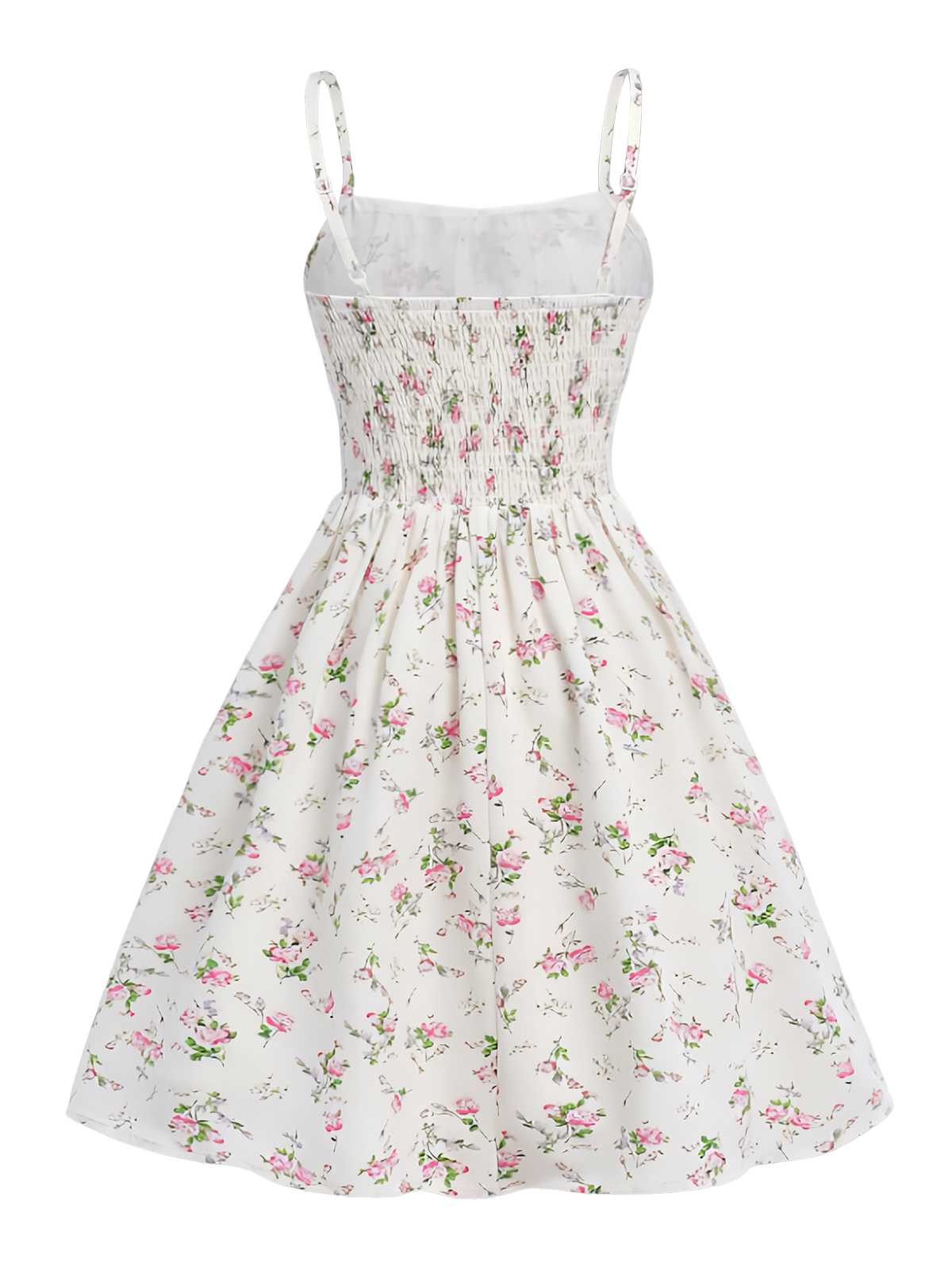 White 1950s Spaghetti Strap Floral A-Line Dress - Image 2