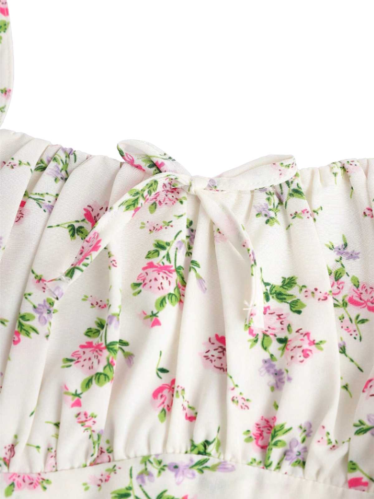 White 1950s Spaghetti Strap Floral A-Line Dress - Image 3