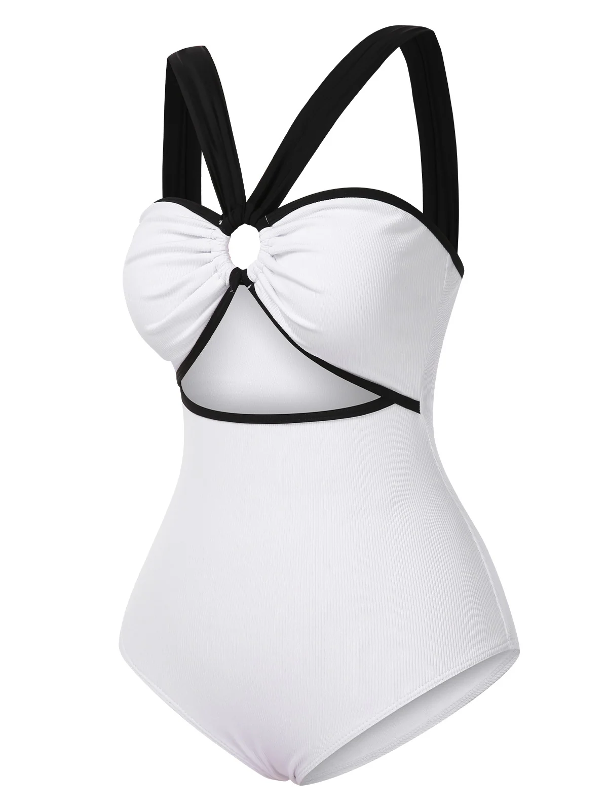 White 1950s Waist Cutout Colorblock One-Piece Swimsuit - Image 2