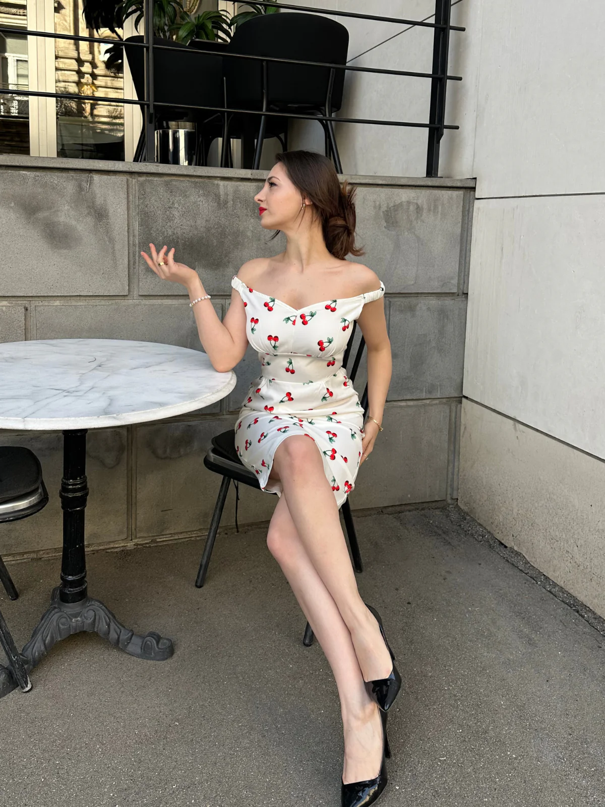 White 1960s Cherry Off-Shoulder Pencil Dress - Image 2