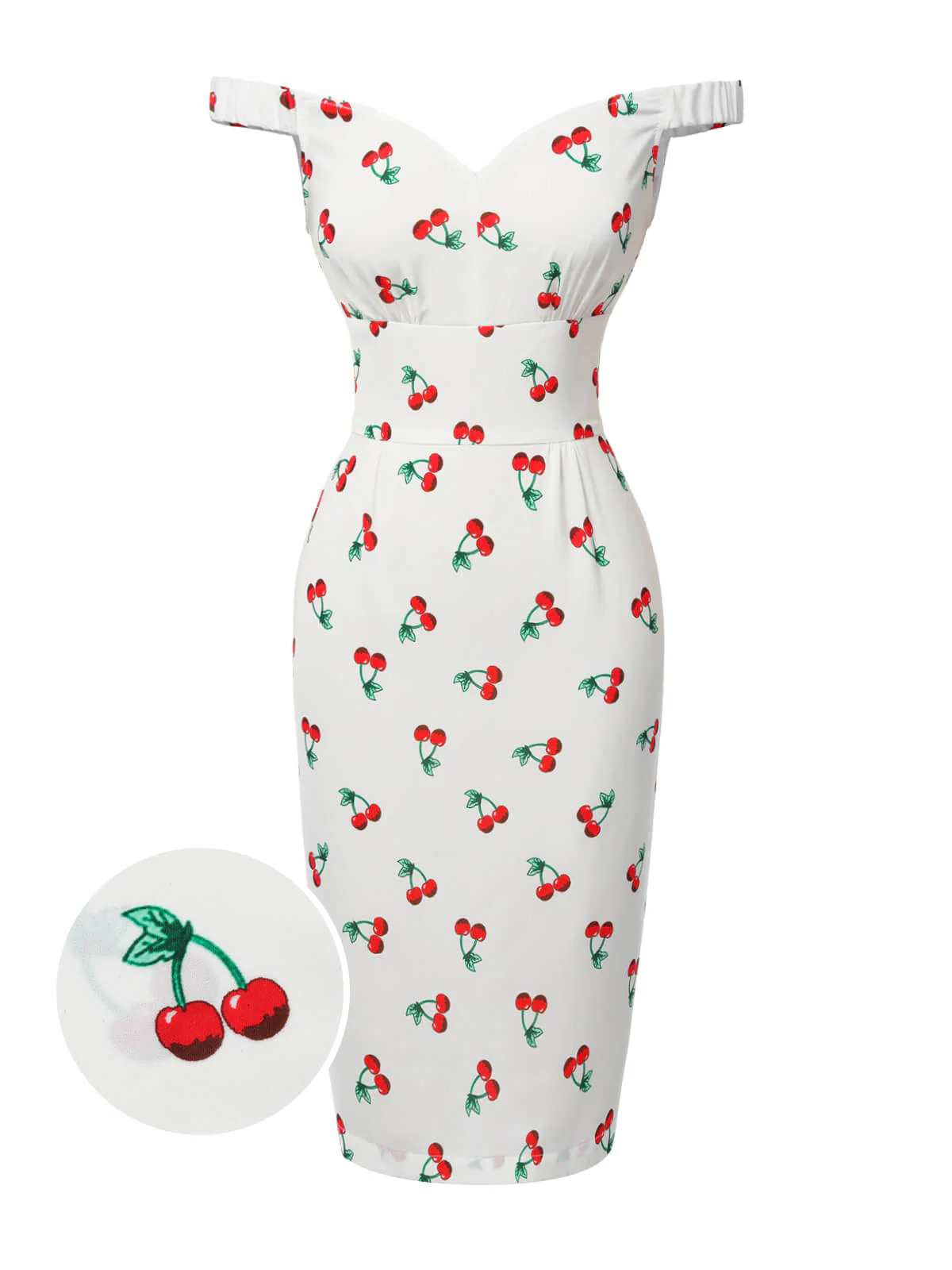 White 1960s Cherry Off-Shoulder Pencil Dress - Image 4