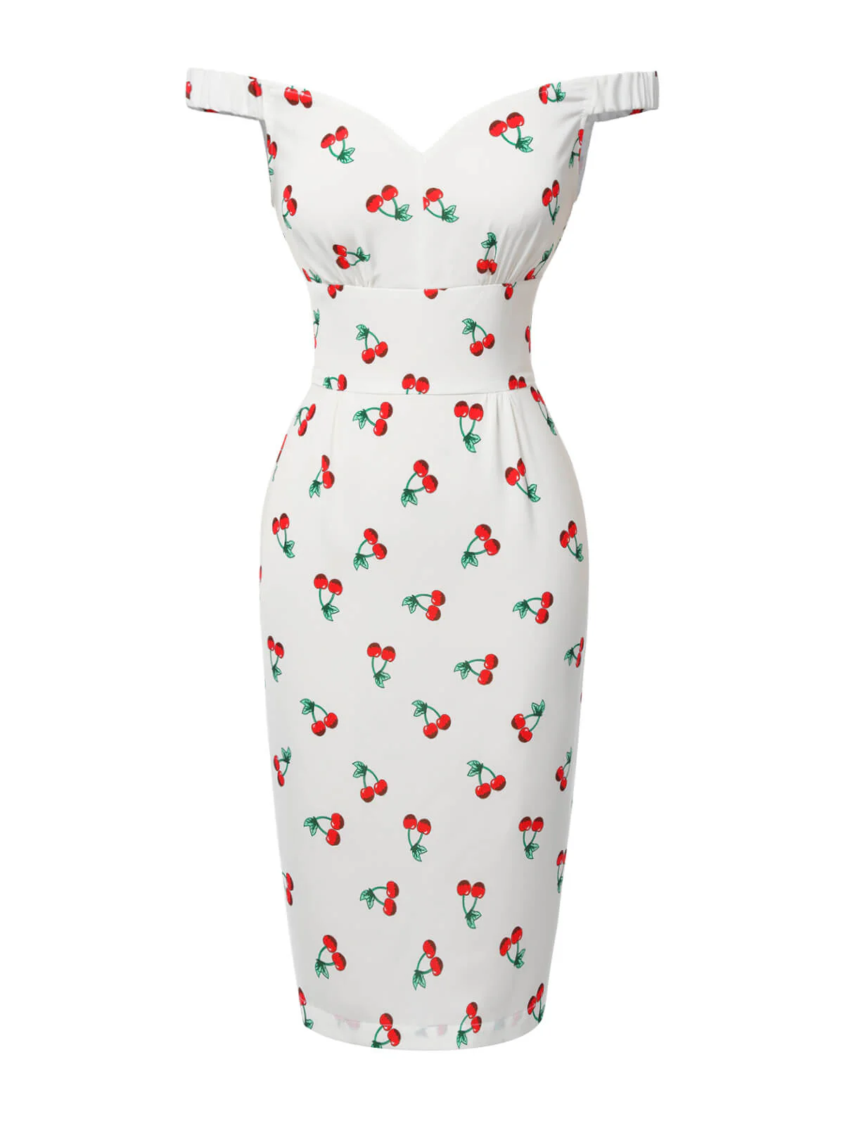 White 1960s Cherry Off-Shoulder Pencil Dress - Image 5