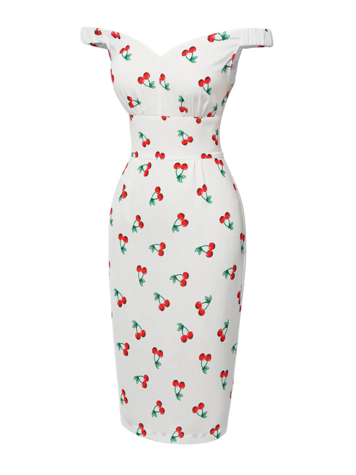 White 1960s Cherry Off-Shoulder Pencil Dress - Image 6