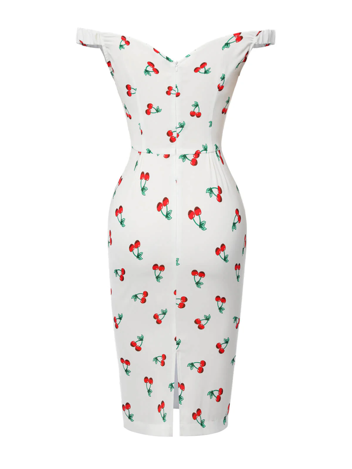 White 1960s Cherry Off-Shoulder Pencil Dress - Image 7