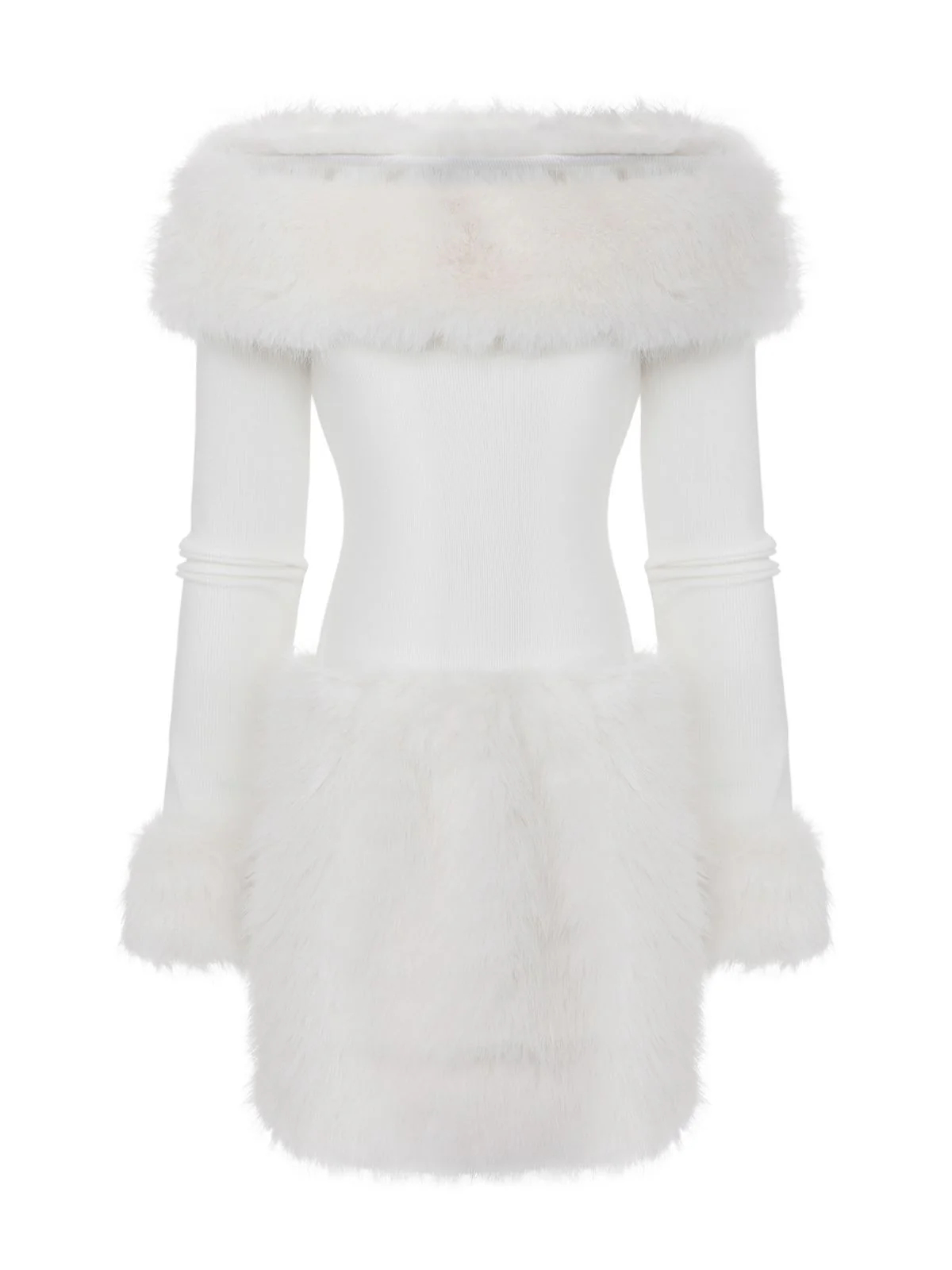 White 1960s Christmas Faux Fur Trim Off-Shoulder Dress - Image 2