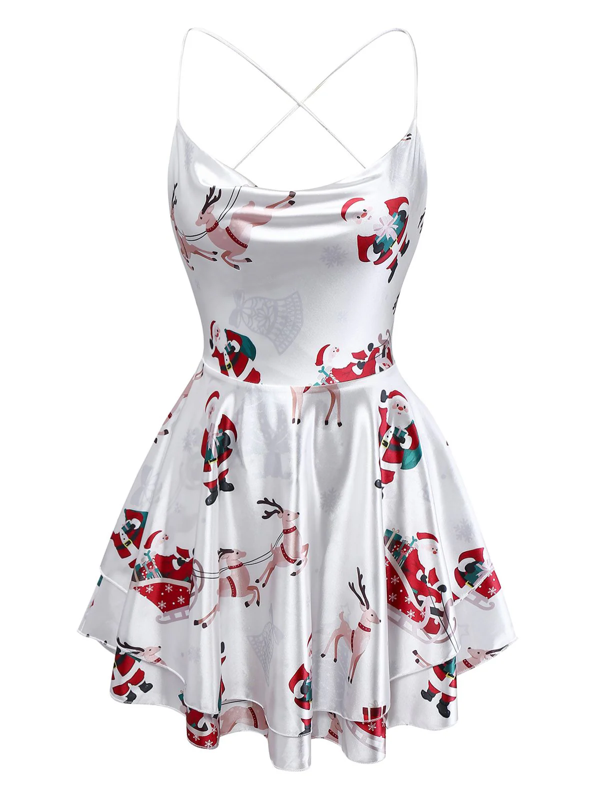 White 1960s Christmas Stain Layered Backless Strap Dress - Image 2