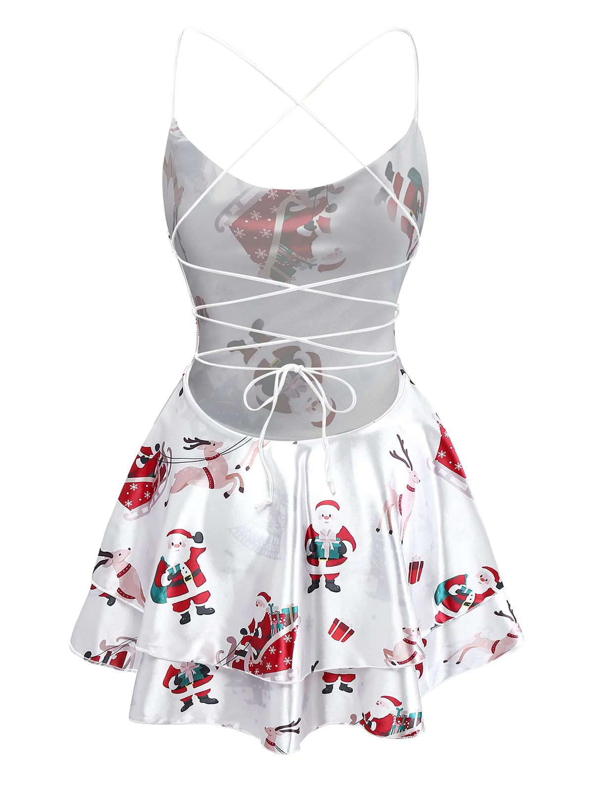 White 1960s Christmas Stain Layered Backless Strap Dress - Image 3