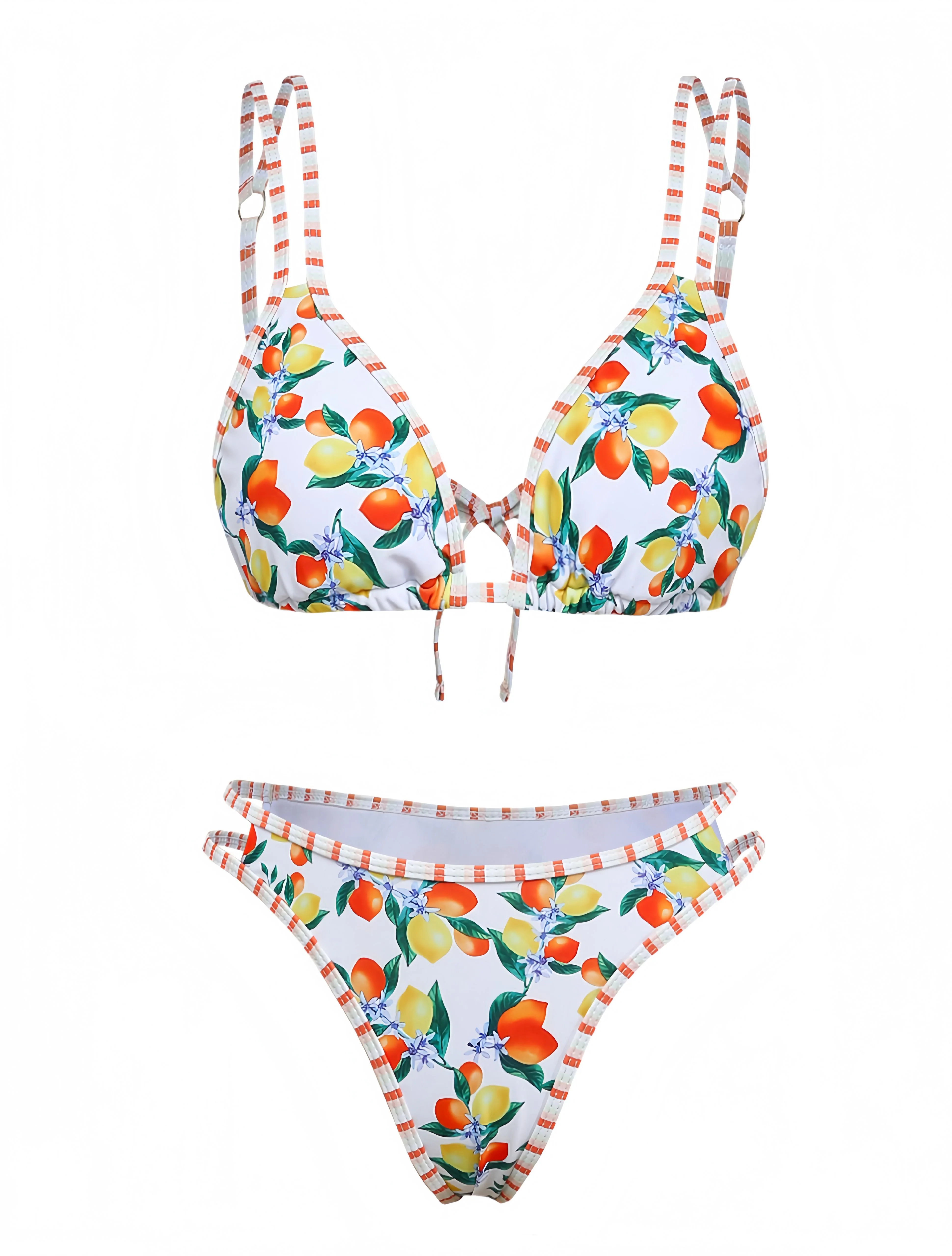 White 1960s Citrus Triangle-Strap Bikini Set - Image 2