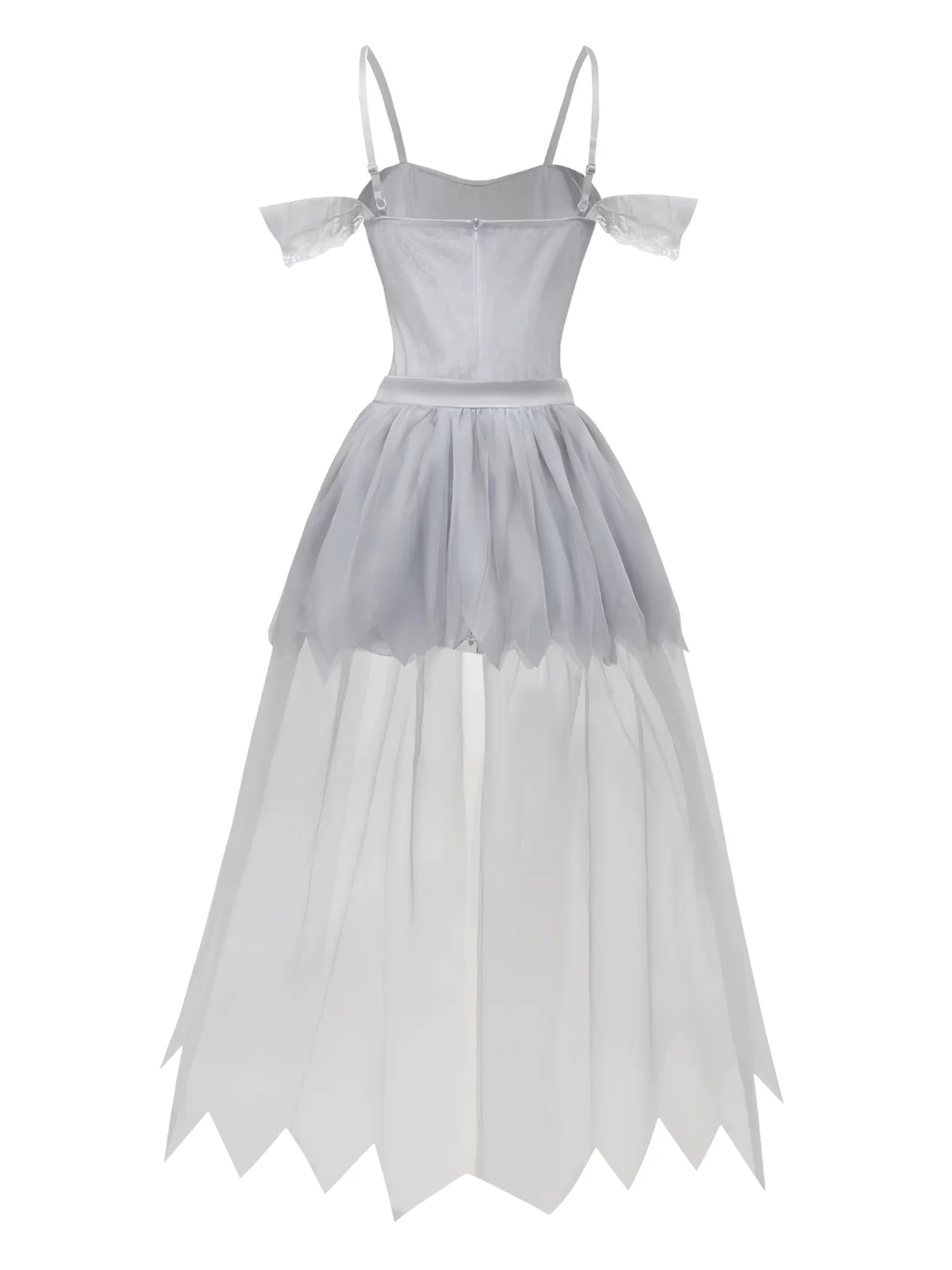 White 1960s Halloween Zombie Bride Lace Mesh Dress - Image 2