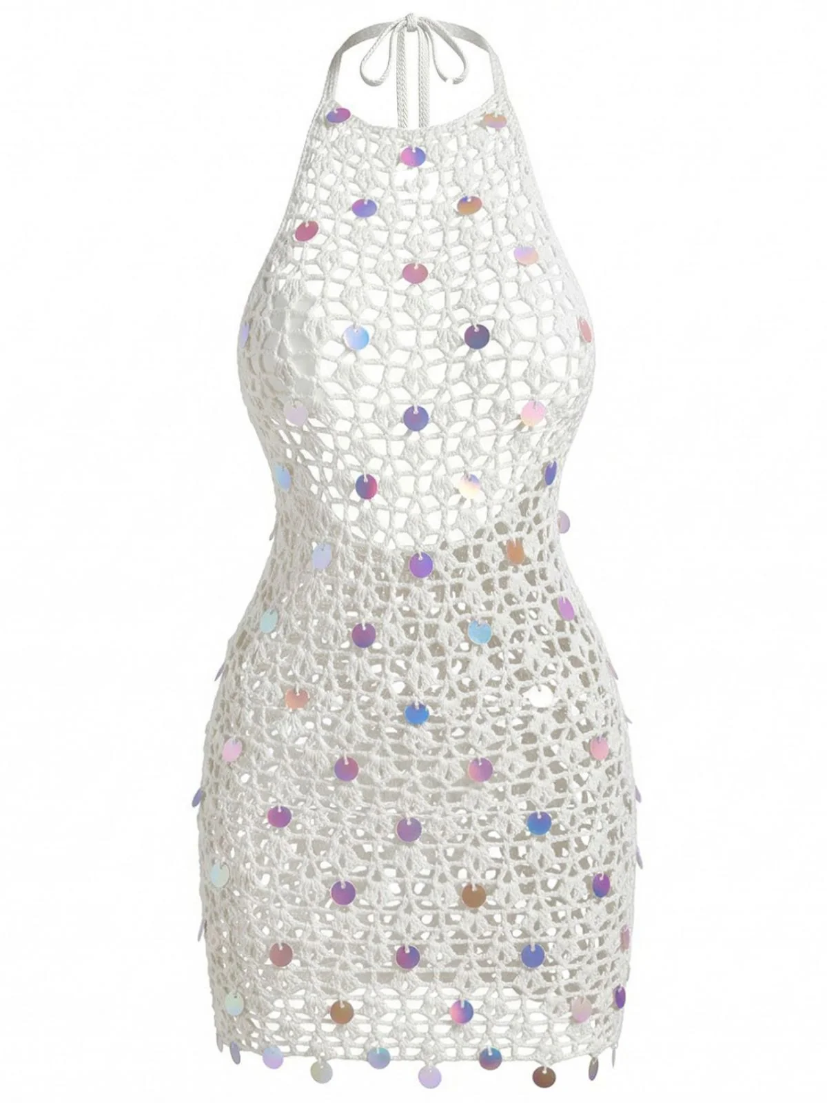 White 1960s Halter Sequin Crochet Hollow Out Cover-up - Image 2