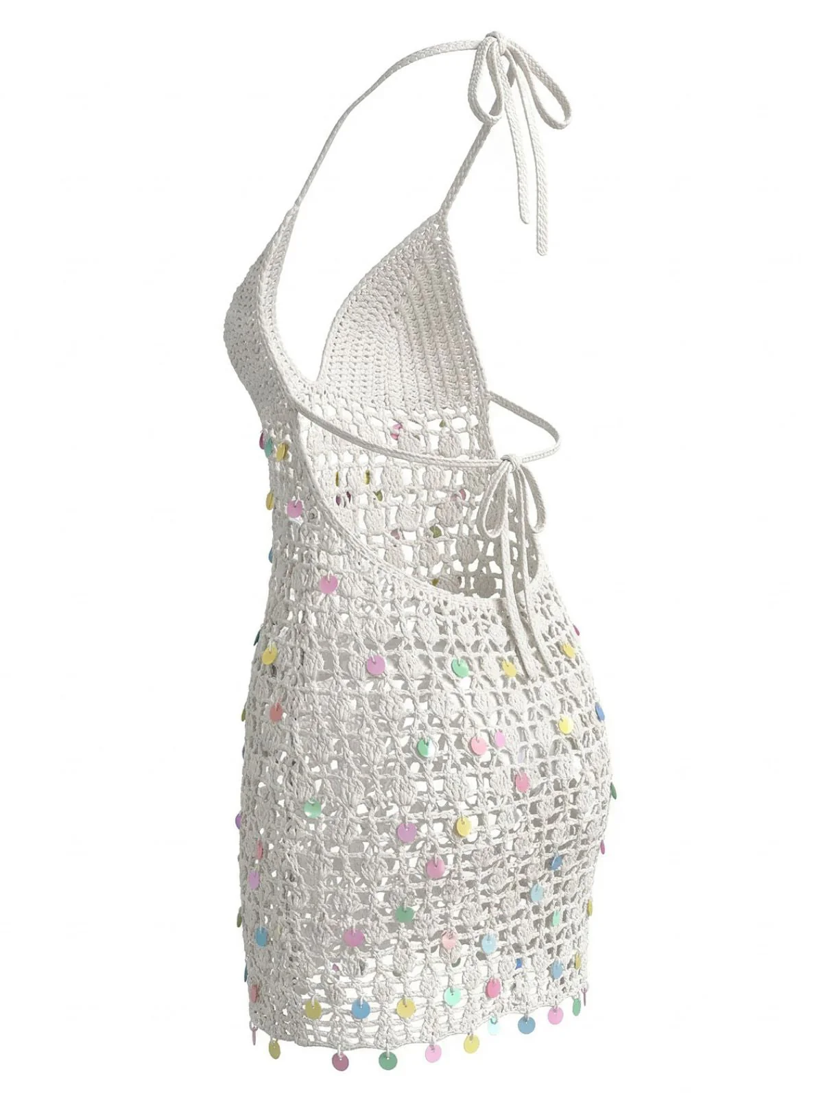 White 1960s Halter Sequin Crochet Hollow Out Cover-up - Image 3