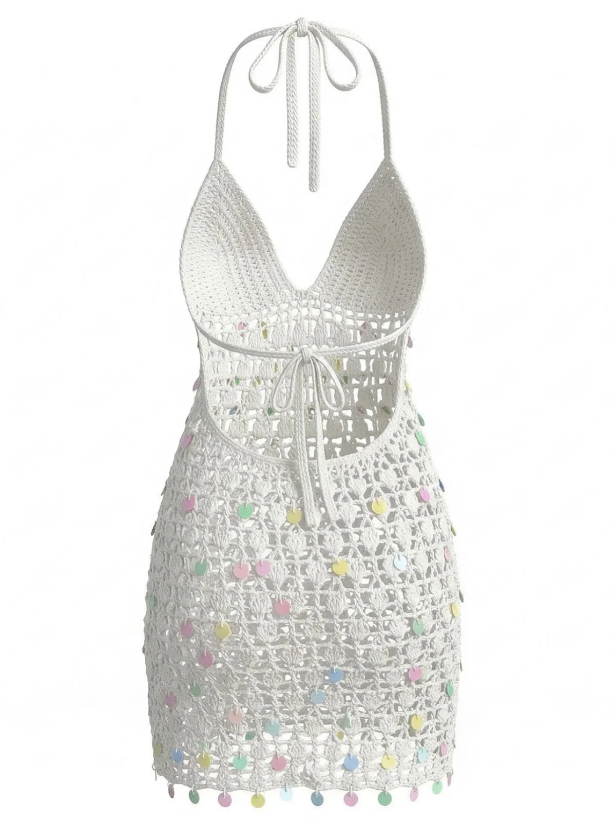 White 1960s Halter Sequin Crochet Hollow Out Cover-up - Image 4