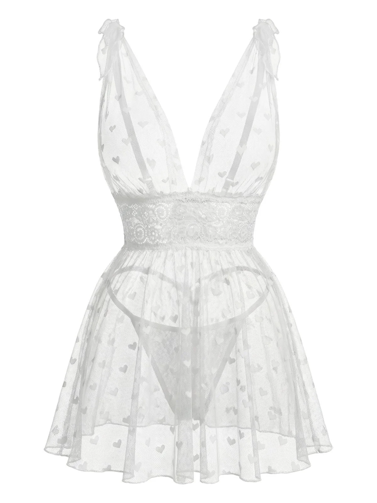 White 1960s Heart Dot Sheer Lace Sleepwear Set - Image 2