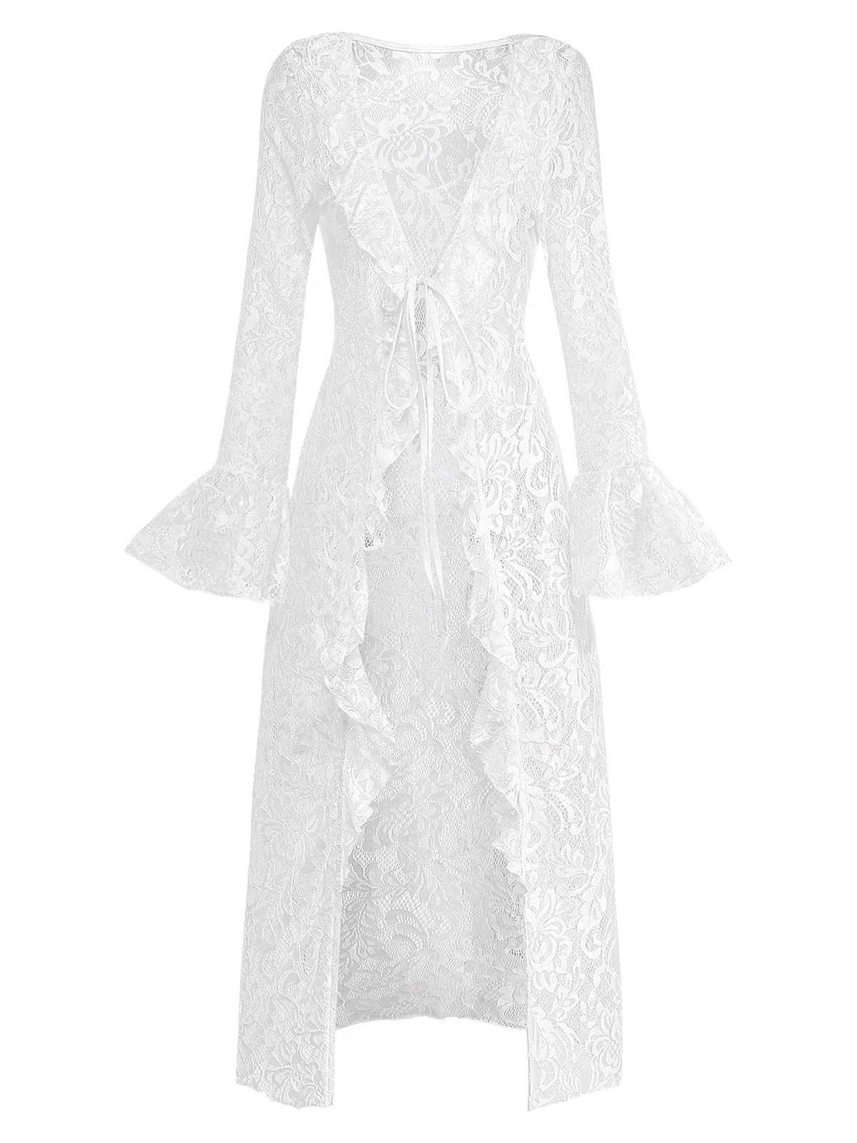[Pre-Sale] White 1960s Lace Flared Sleeve Ruffle Maxi Cover-Up - Image 2