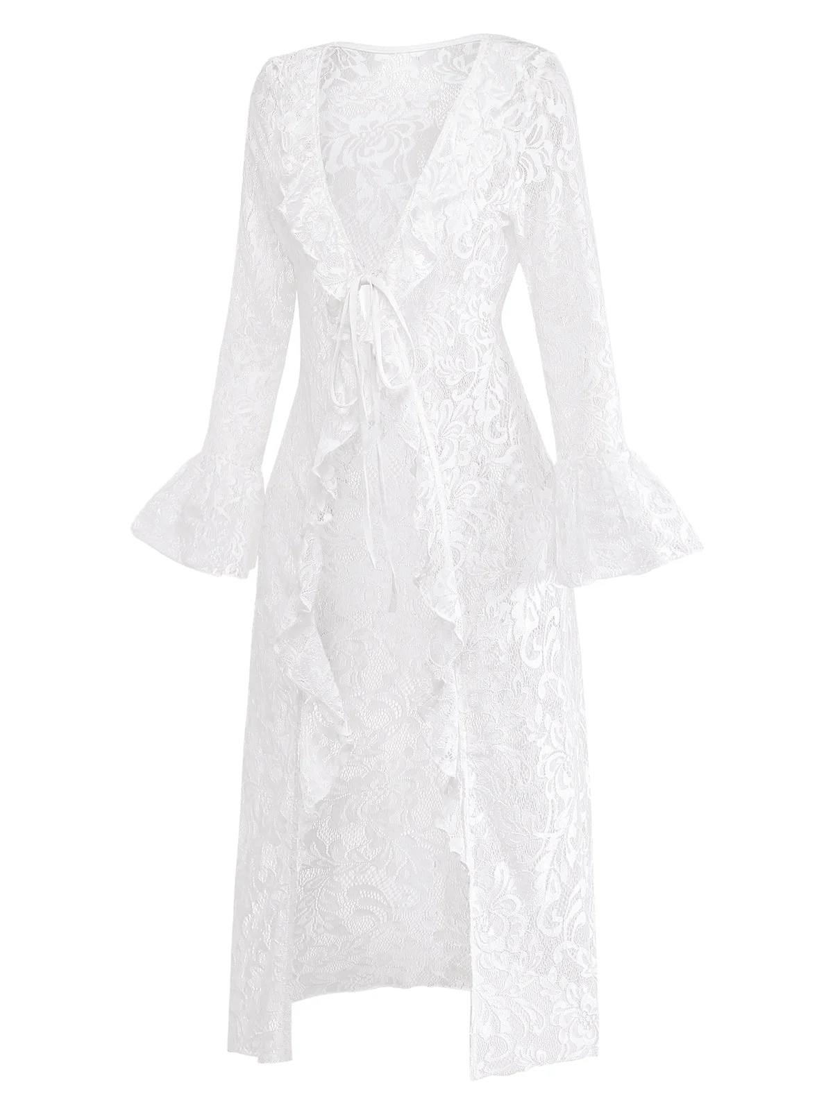 [Pre-Sale] White 1960s Lace Flared Sleeve Ruffle Maxi Cover-Up - Image 3