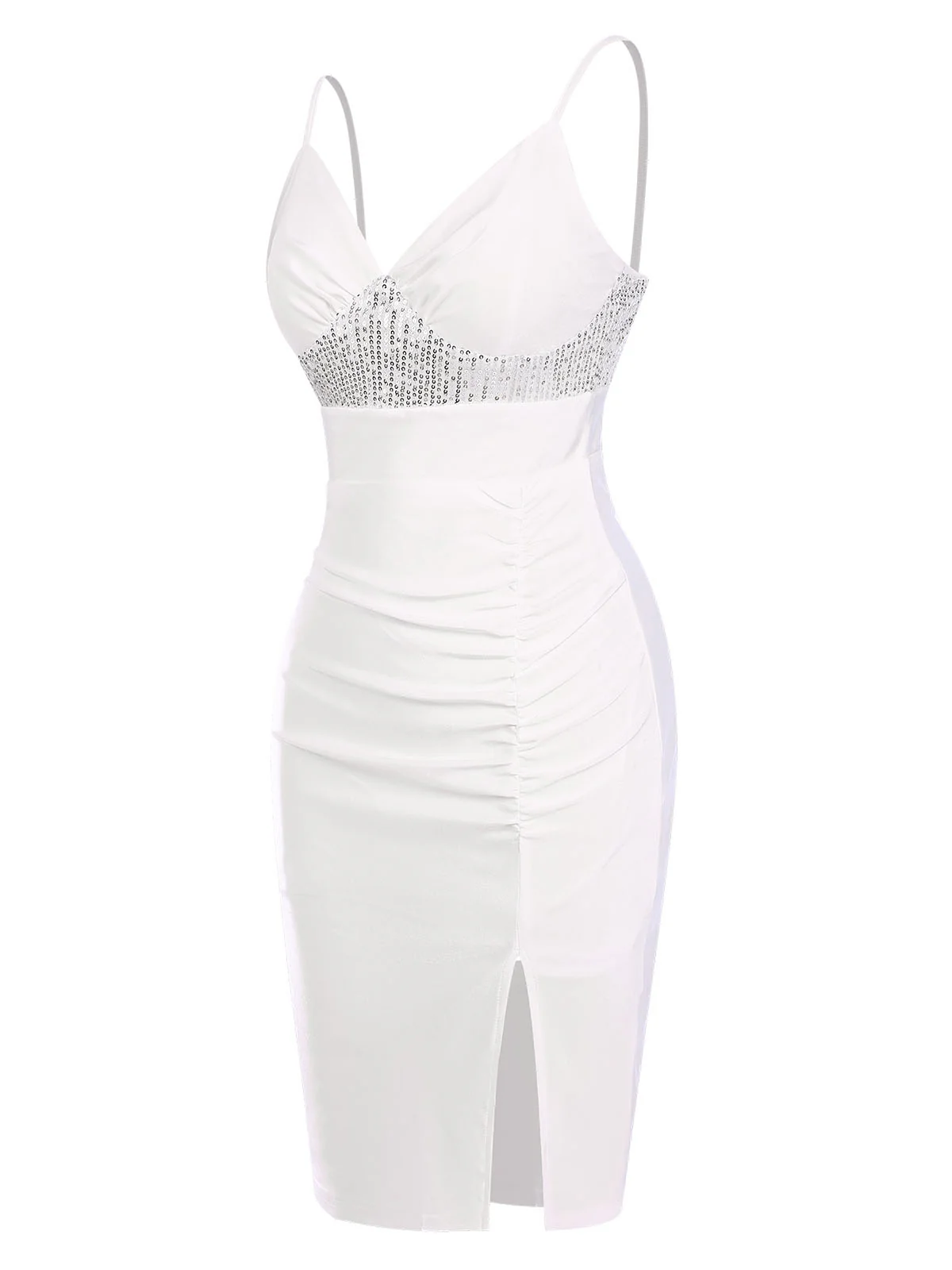 White 1960s Sequins Splicing Slit Dress - Image 3