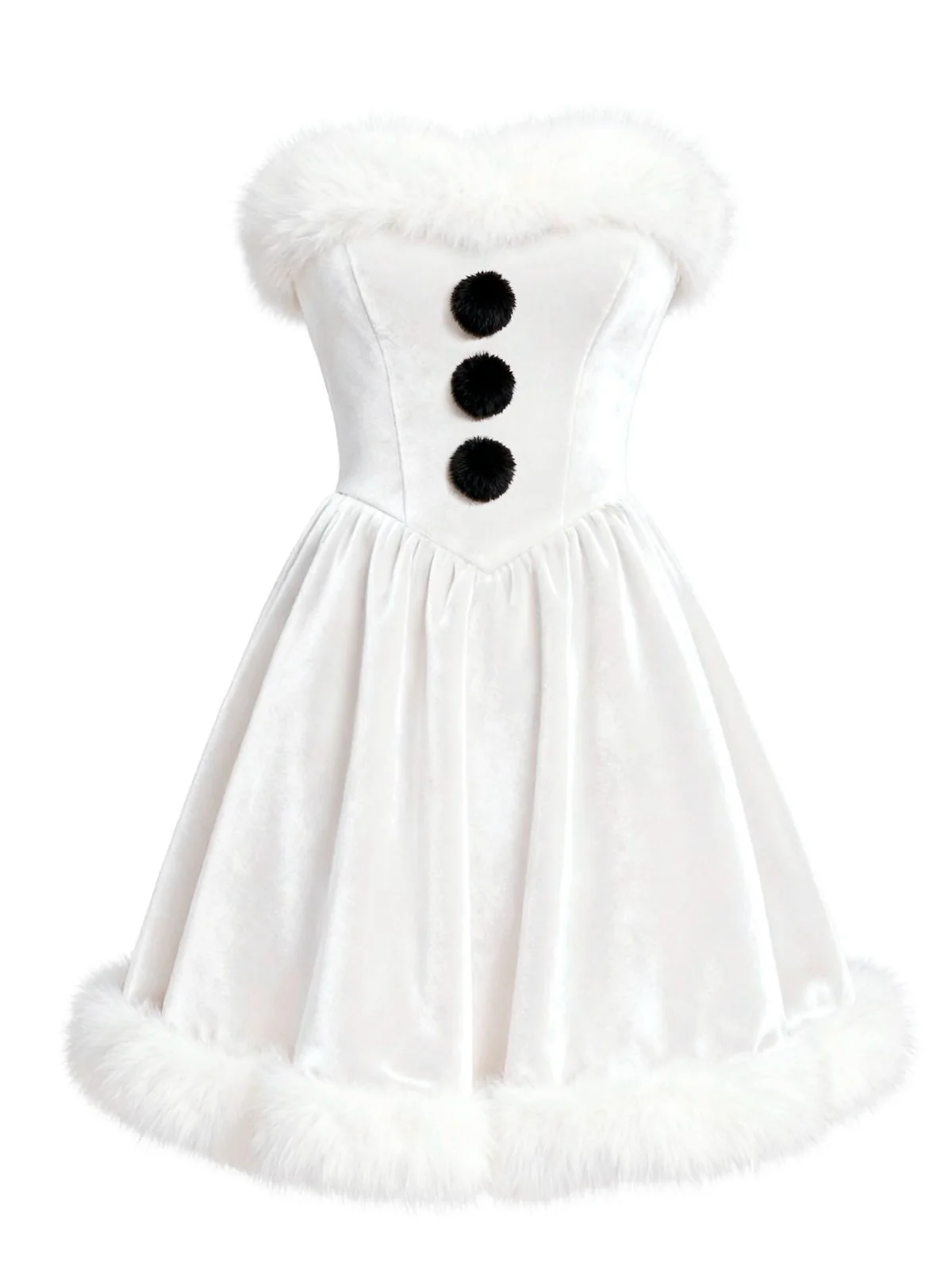 White 1960s Snowman Velvet Plush Trim Strapless Dress - Image 2